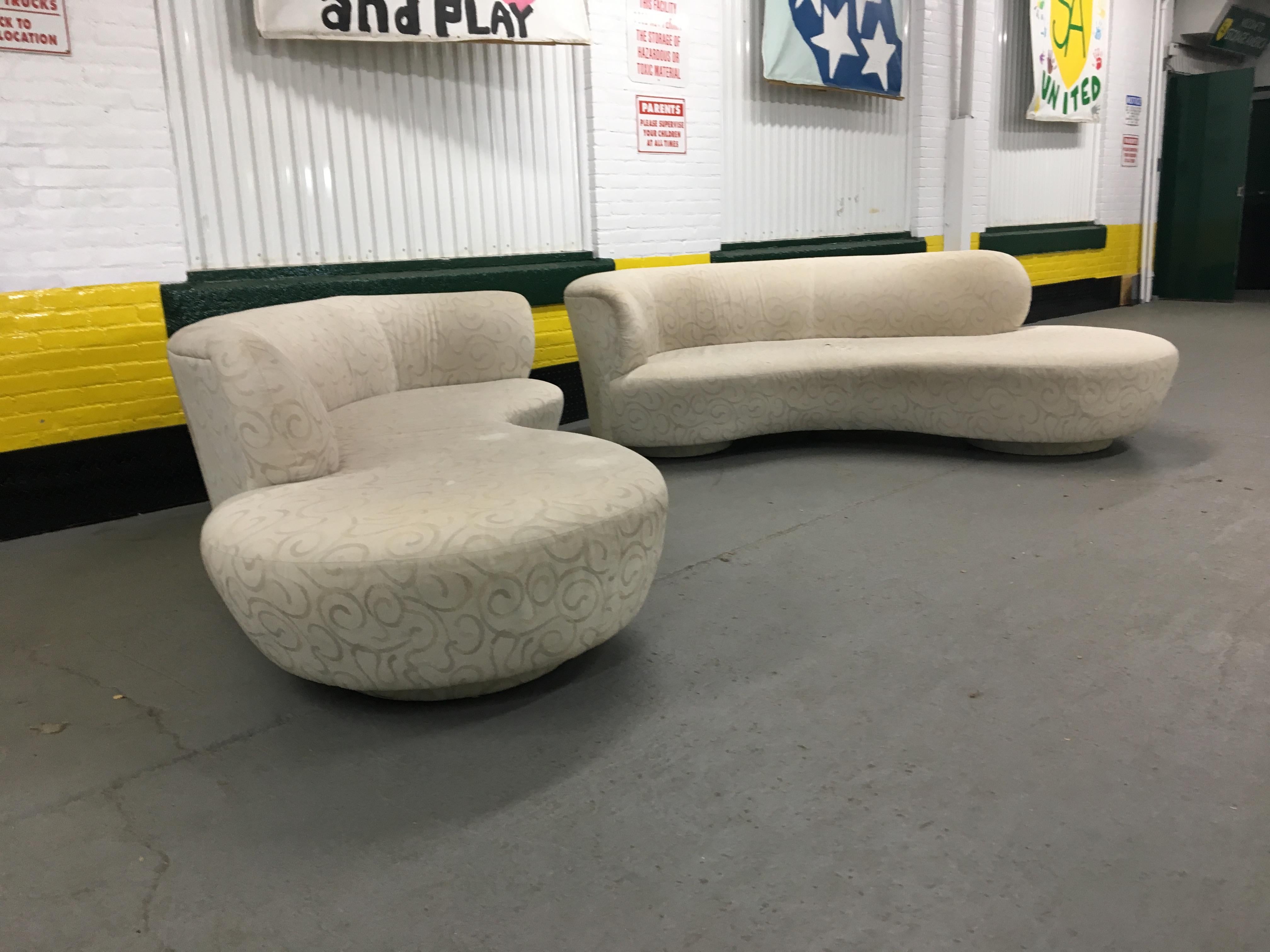 Pair of matching 'Cloud' sofas designed by Vladimir Kagan for Weiman.
Upholstery is worn and needs to be replaced. Cushions are in nice shape.
Buy one or a both at check-out.
Each sofa is 96
