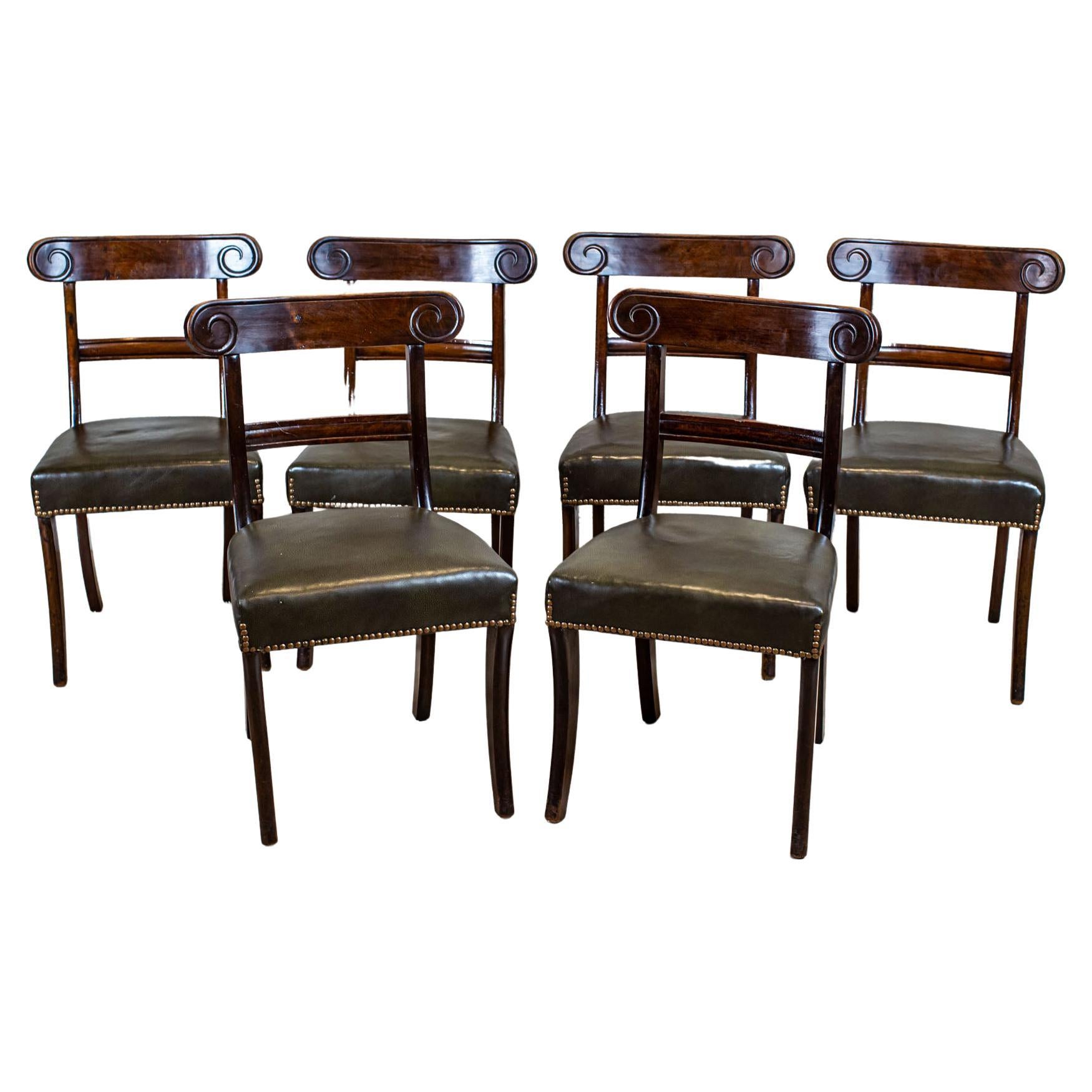 Set of Six Walnut Chairs From the Interwar Period with Leather Seats
