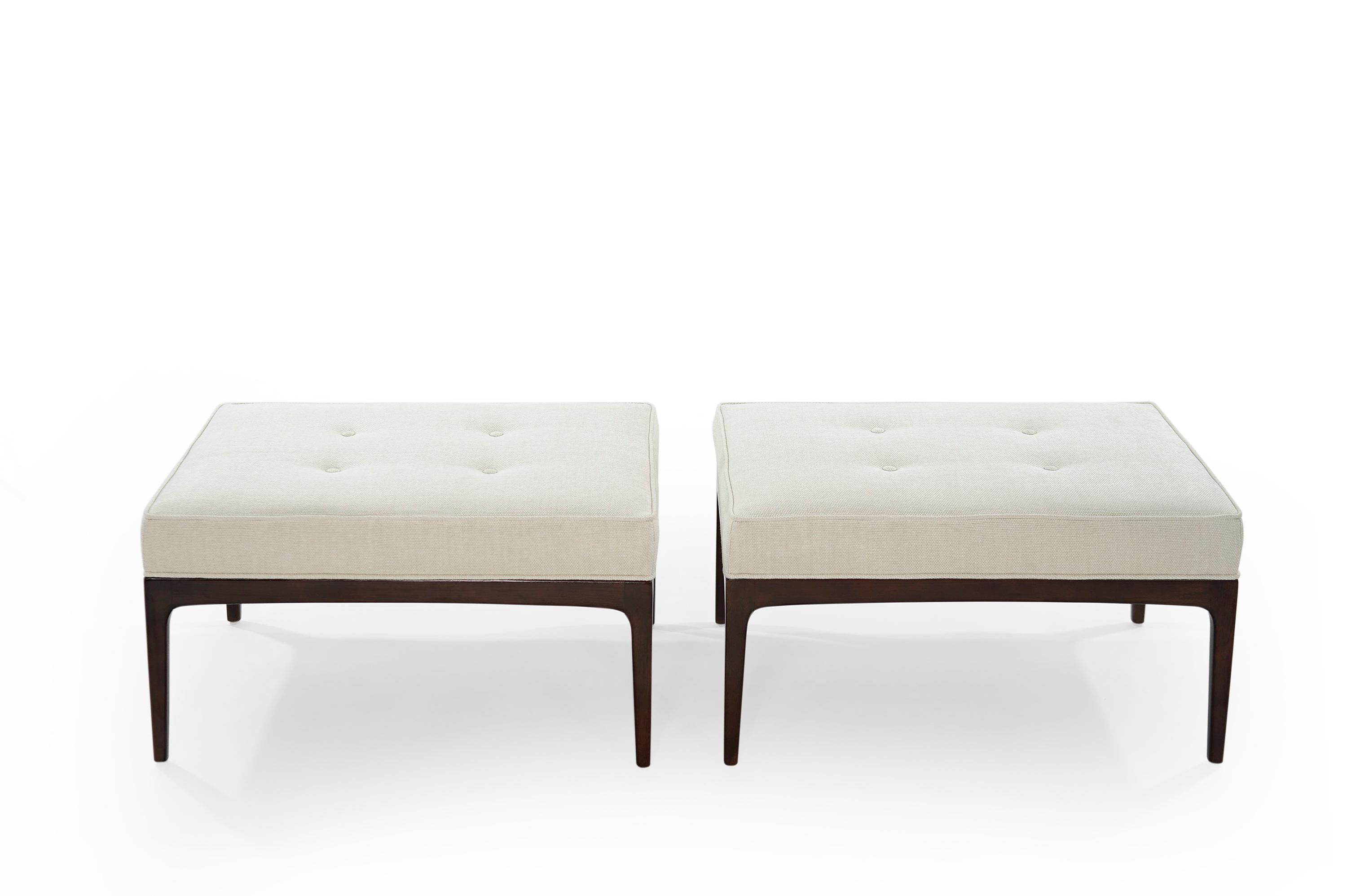 Pair of benches in the style of Paul McCobb, walnut bases fully restored. Re-upholstered in off-white twill by Holly Hunt.