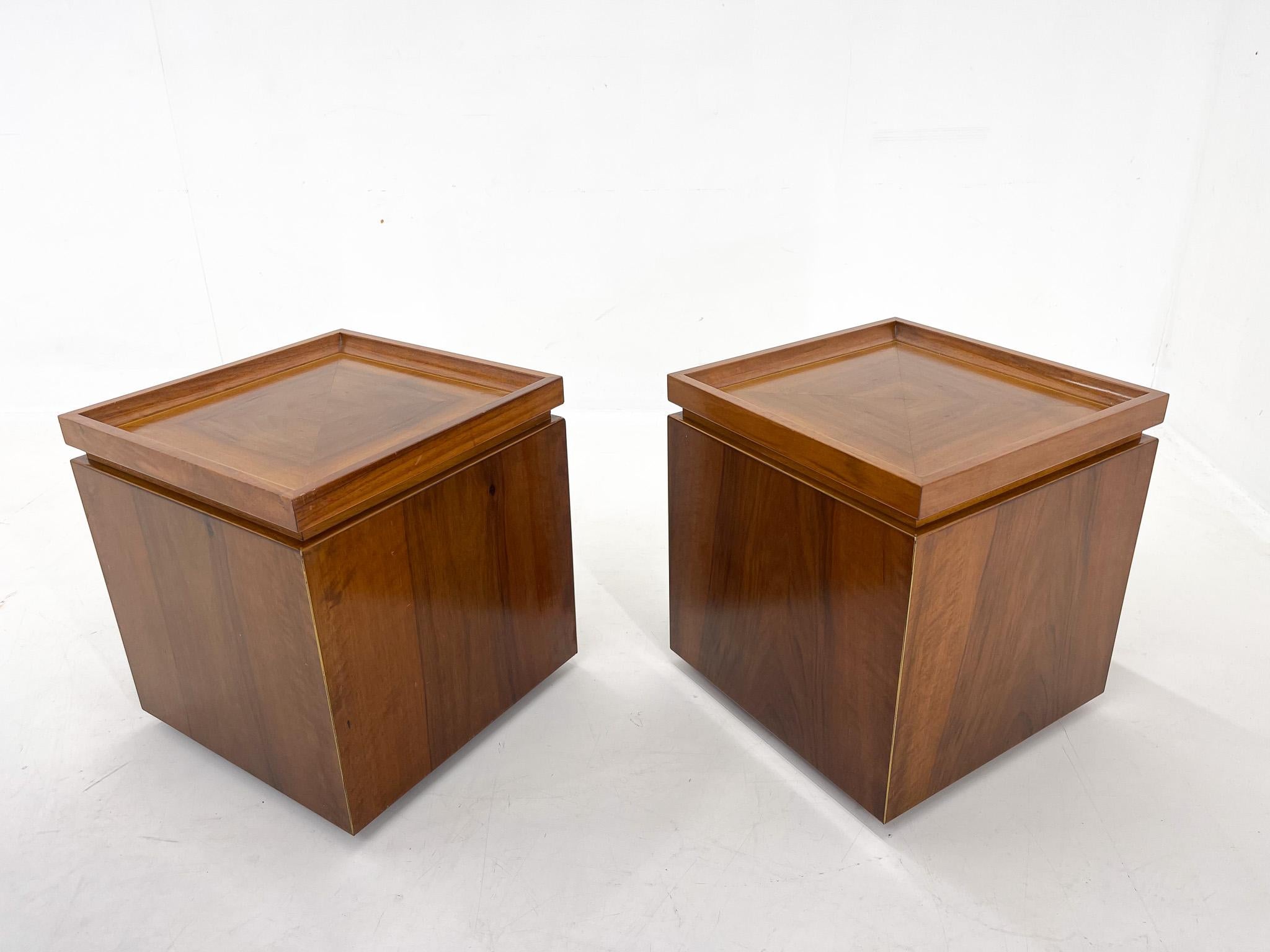 Italian Set of Walnut Veneer Side or Night Tables with Brass Detail, Italy, 1950s