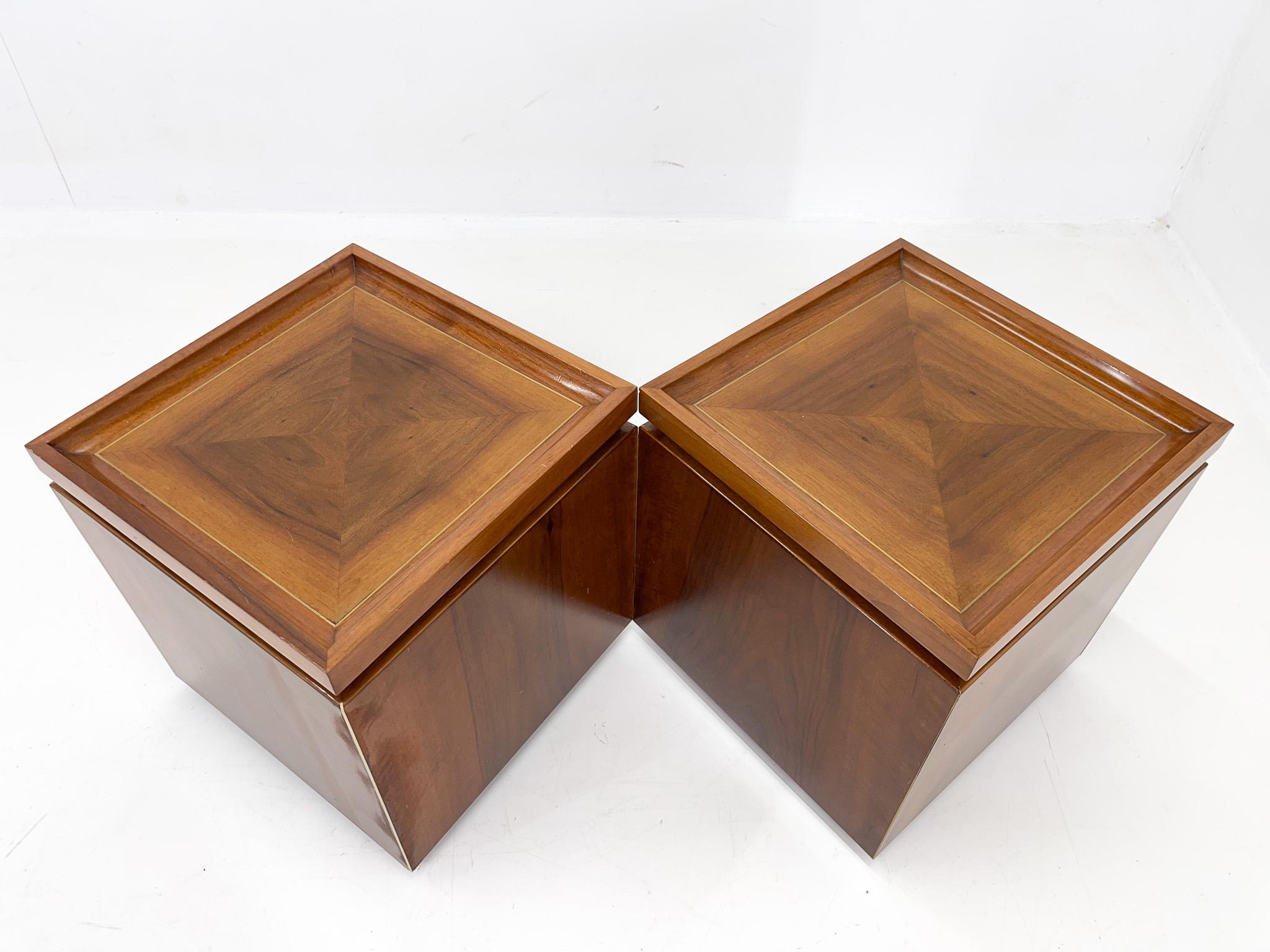 20th Century Set of Walnut Veneer Side or Night Tables with Brass Detail, Italy, 1950s