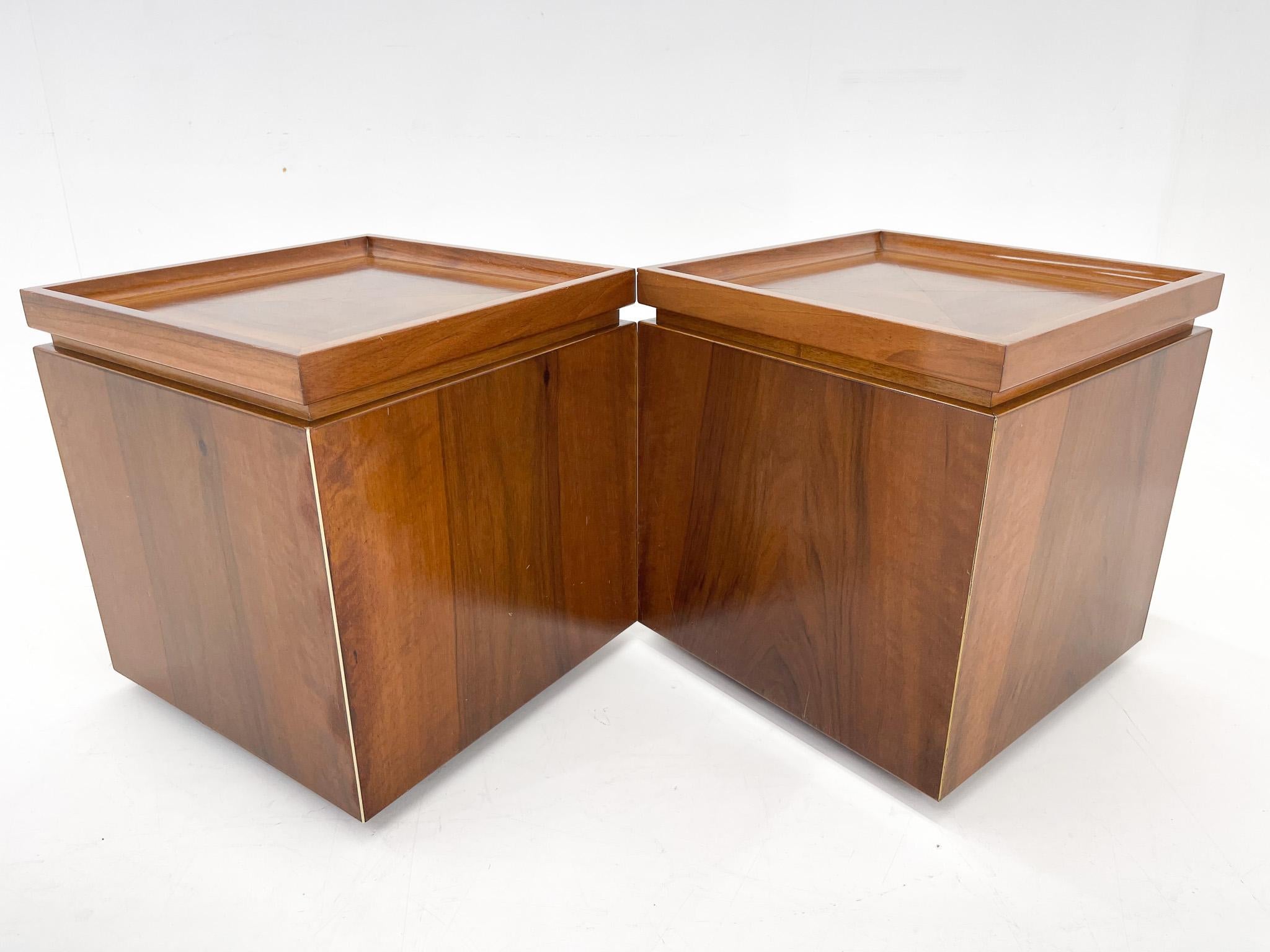 Set of Walnut Veneer Side or Night Tables with Brass Detail, Italy, 1950s 1