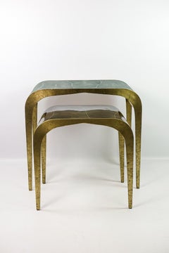 Set of Waterfall Nesting Tables in Shagreen and Hammered Brass by Ginger Brown