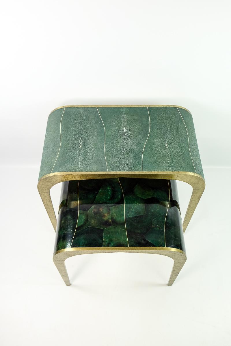 Art Deco Set of Waterfall Nesting Tables in Shagreen and Hammered Brass by Ginger Brown For Sale
