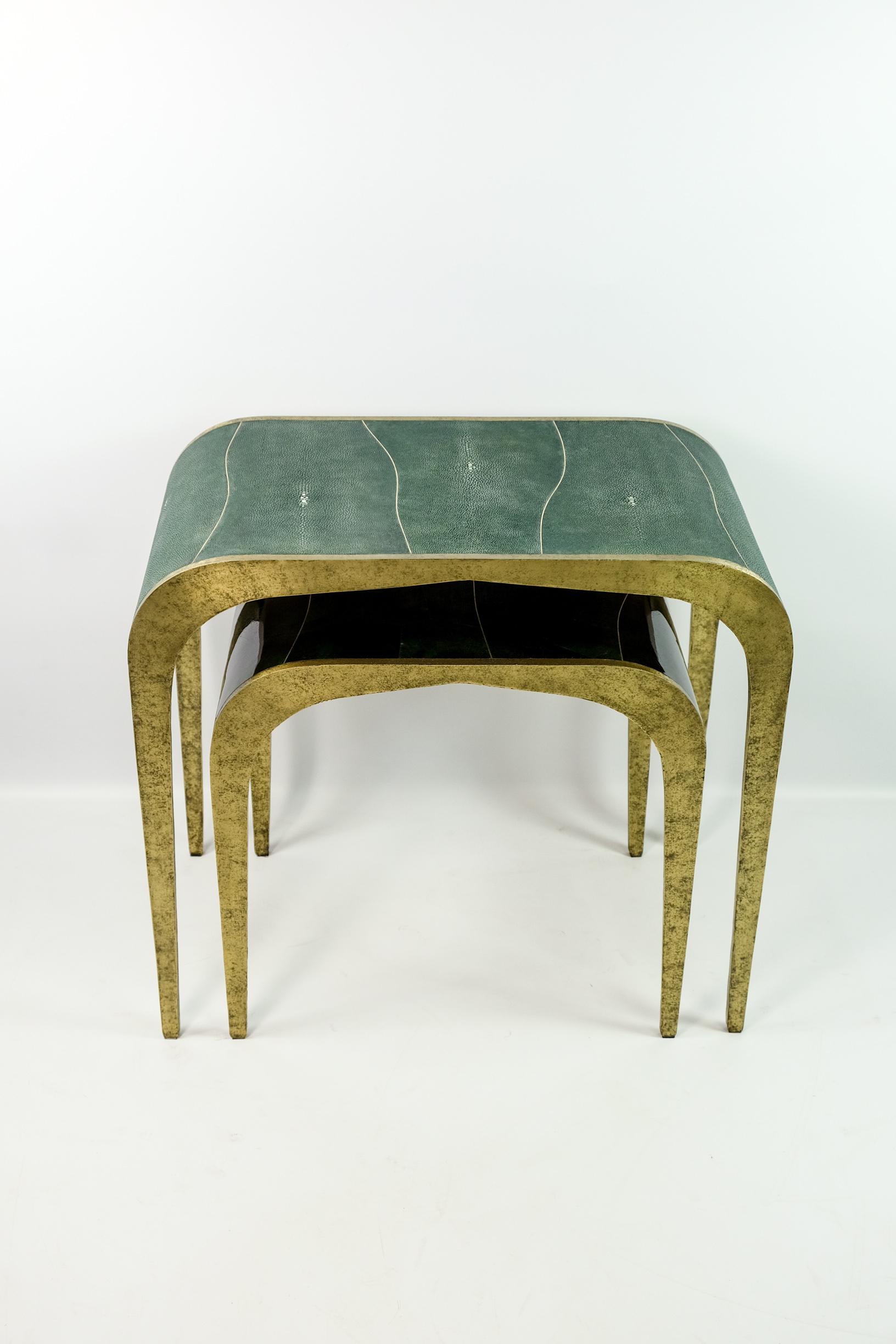 French Set of Waterfall Nesting Tables in Shagreen and Hammered Brass by Ginger Brown For Sale