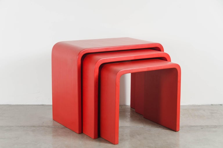 Hand-Crafted Set of Waterfall Red Lacquer Nesting Table by Robert Kuo, Limited Edition For Sale