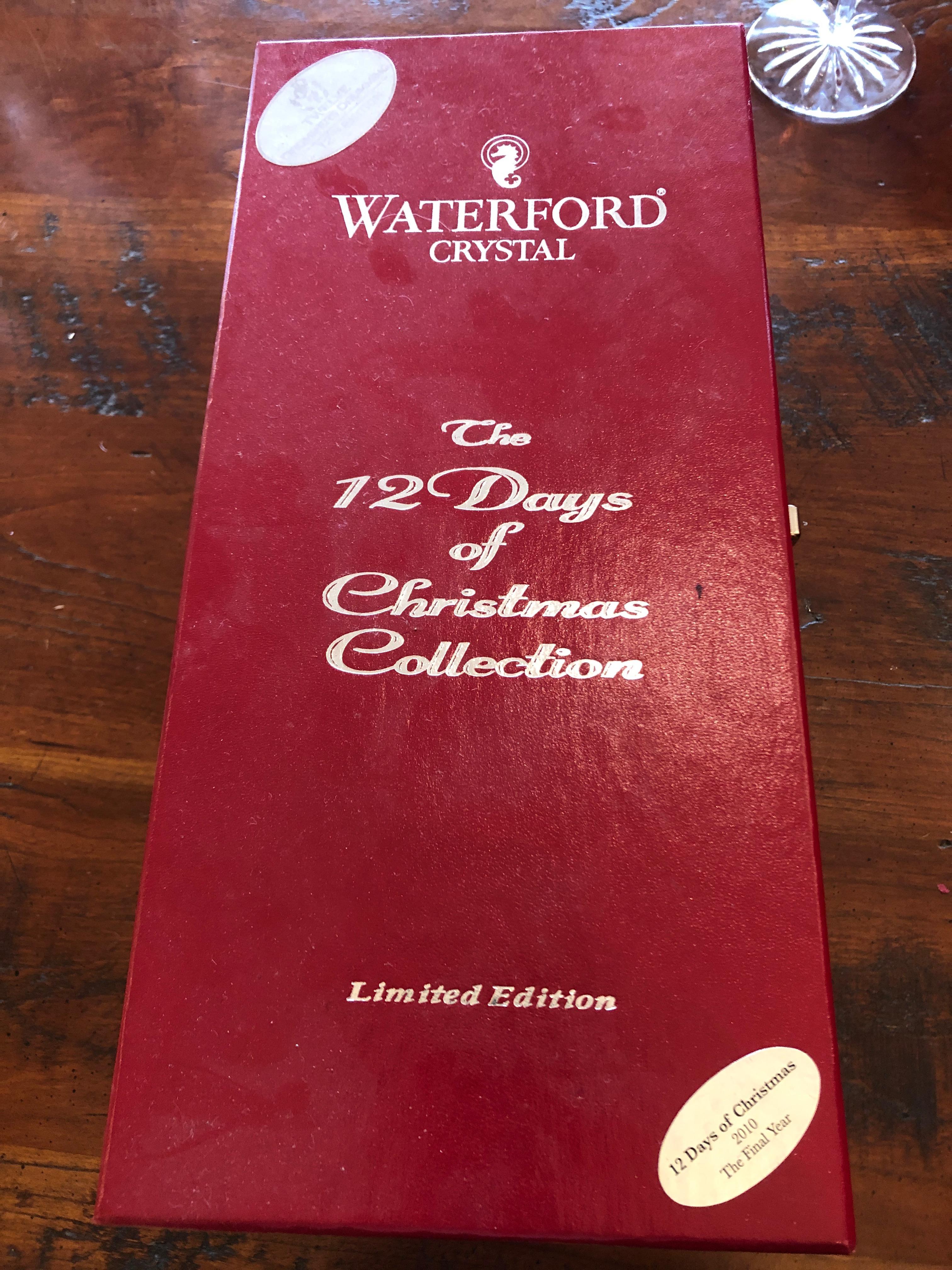Like new set of Waterford Crystal limited edition champagne flutes based on the 12 days of Christmas and appropriately etched to match which day. Each comes with original gift box, paperwork and hanging charm.