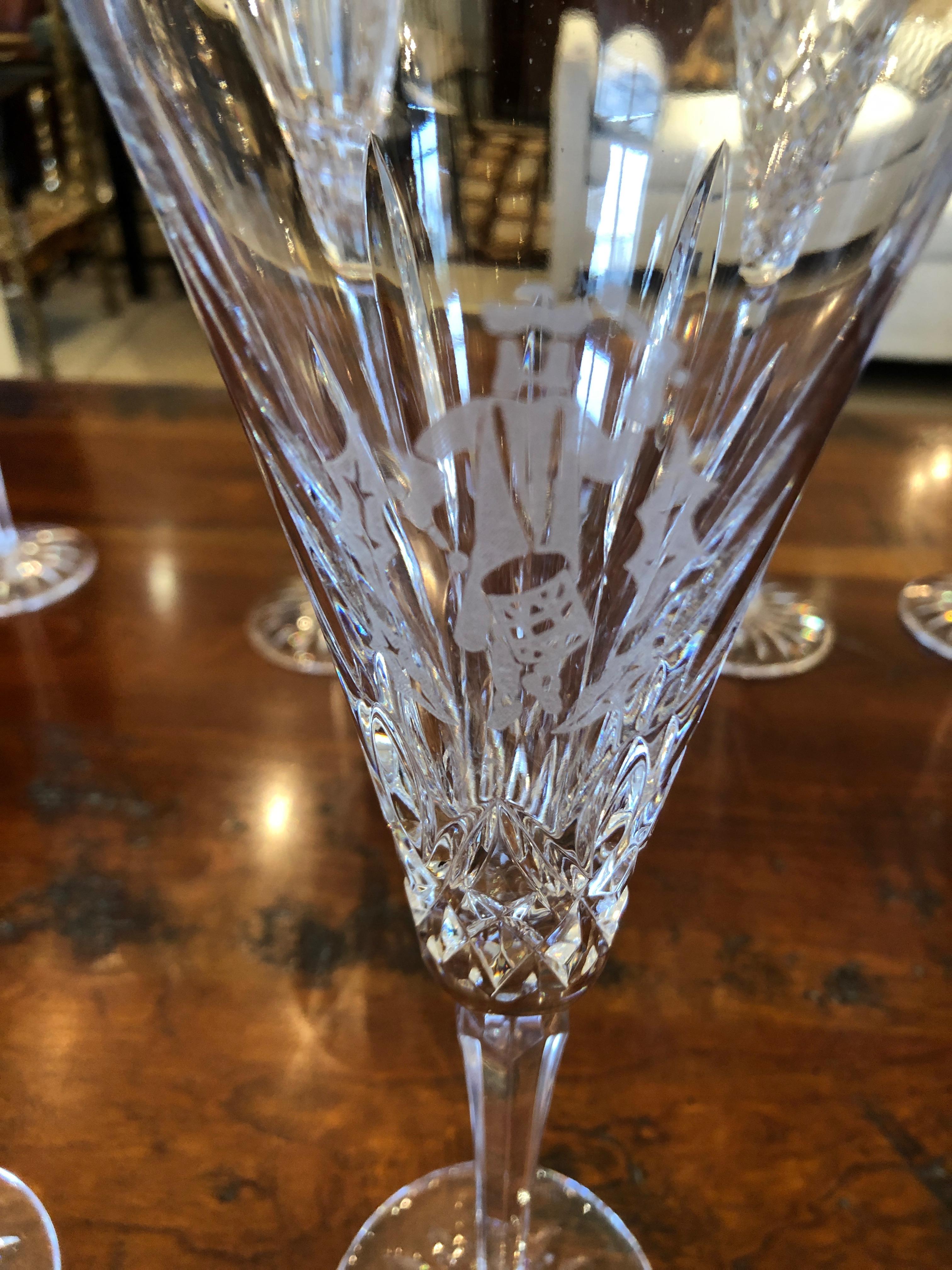 Italian Set of Waterford Crystal 12 Days of Christmas Champagne Flutes