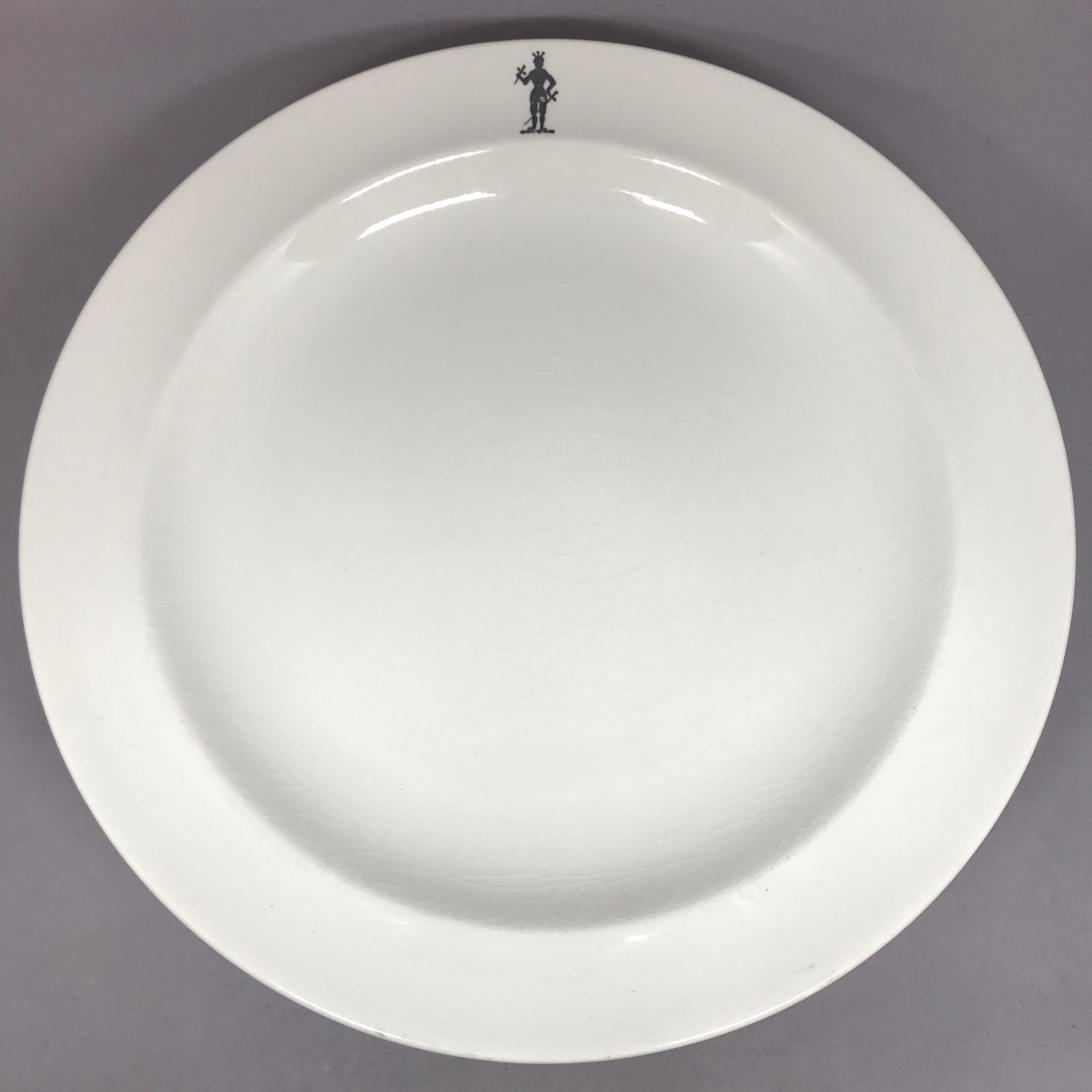 Set of Ten Wedgwood creamware knight motif plates. Ten vintage white/ivory creamware dishes with a hand painted knight in full armor; each night varying in shade from dark black to grey/camel. Impressed marks for Wedgwood, 
England, circa