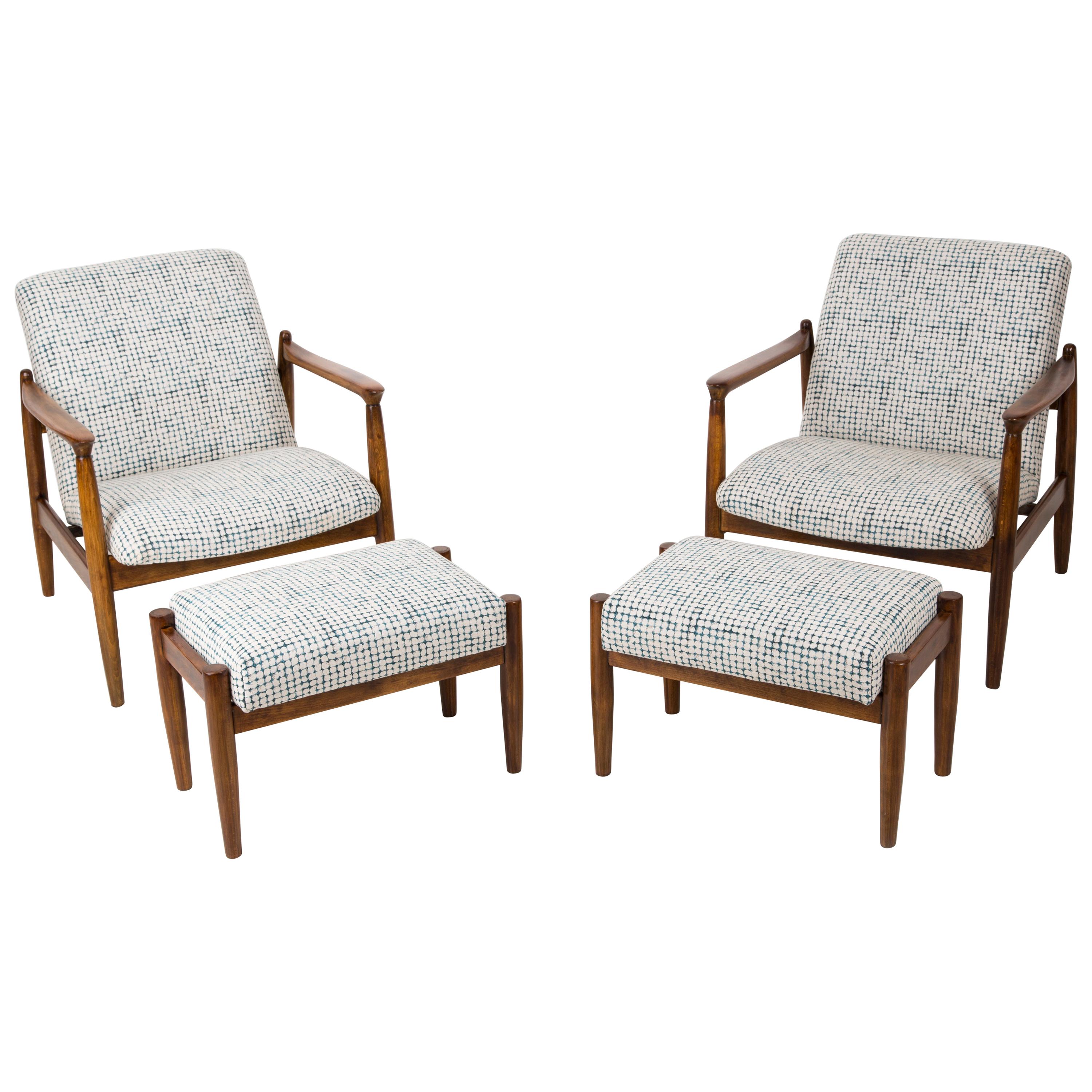 Set aus weißen und aquafarbenen Vintage-Sesseln und Hockern, Edmund Homa, 1960er Jahre