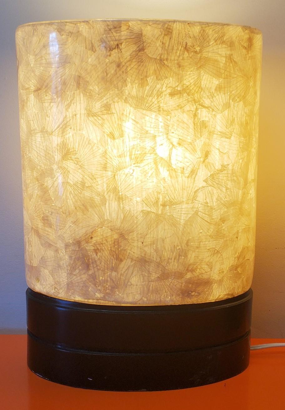 Set of white fiber glass table lamps small with wooden base beautiful glow. Please view our larger table lamps to complete a set.