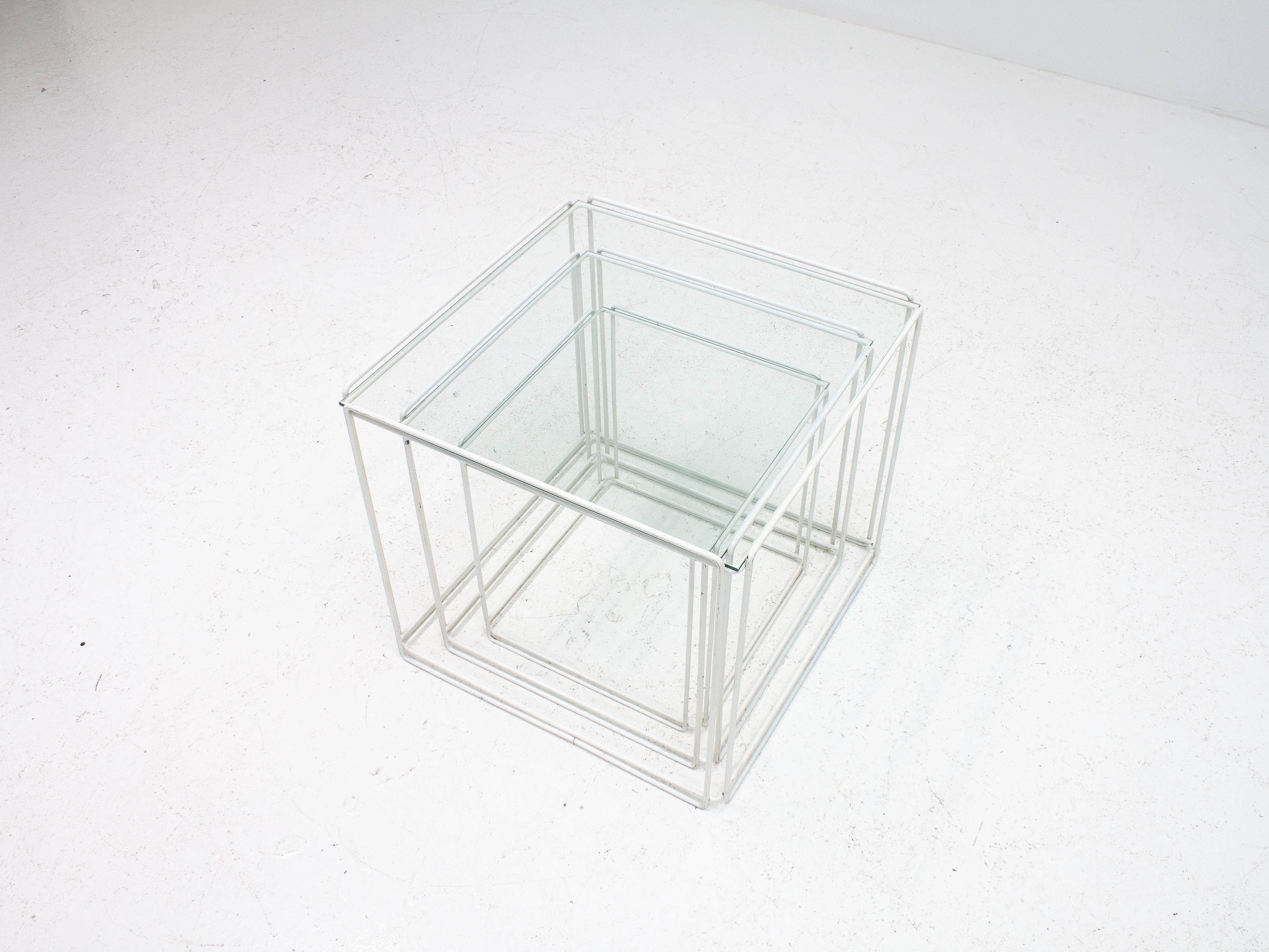 Post-Modern Set of White 'Isoceles' Glass Top Nesting Tables Designed by Max Sauze, 1970s