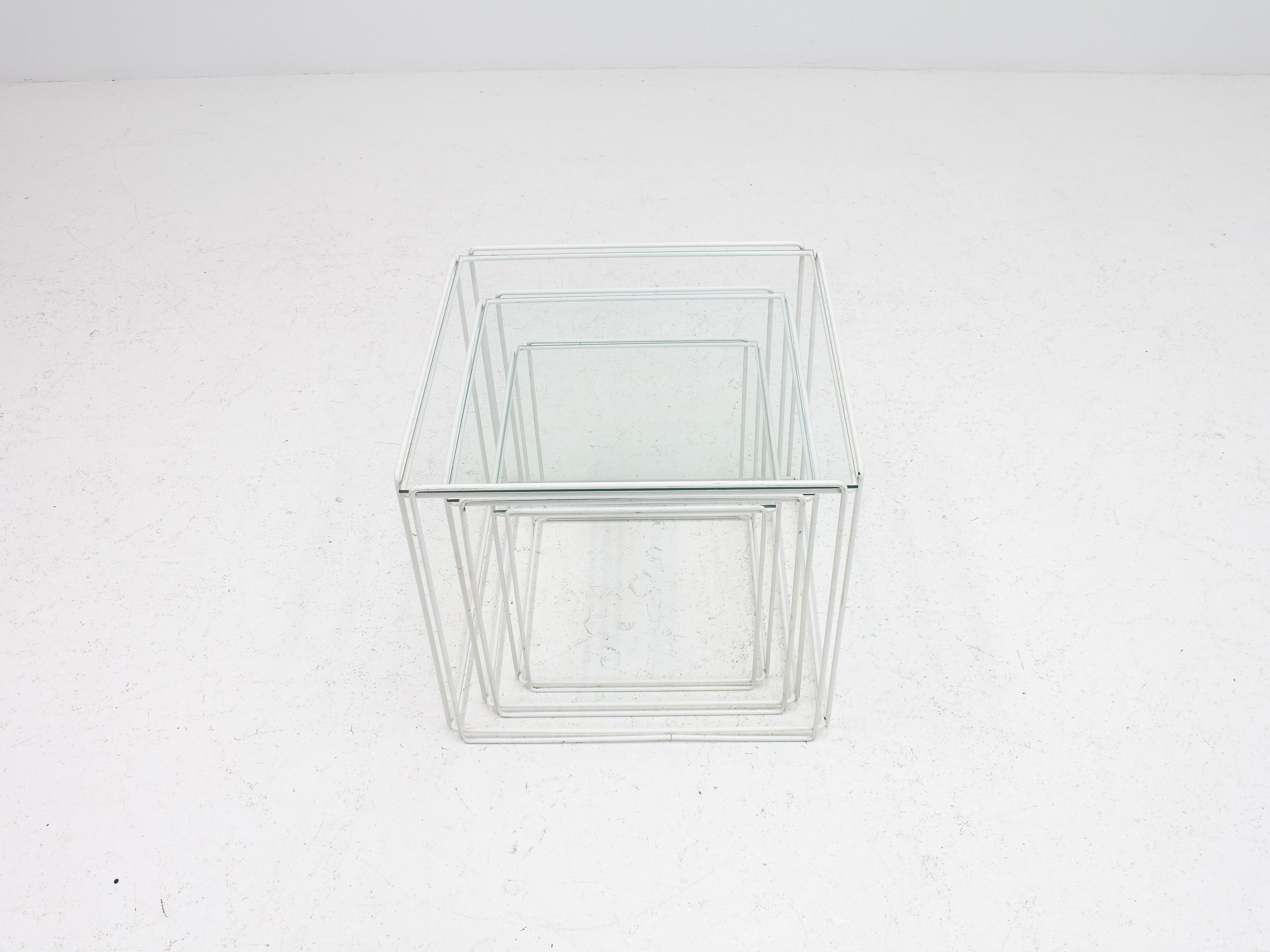 French Set of White 'Isoceles' Glass Top Nesting Tables Designed by Max Sauze, 1970s
