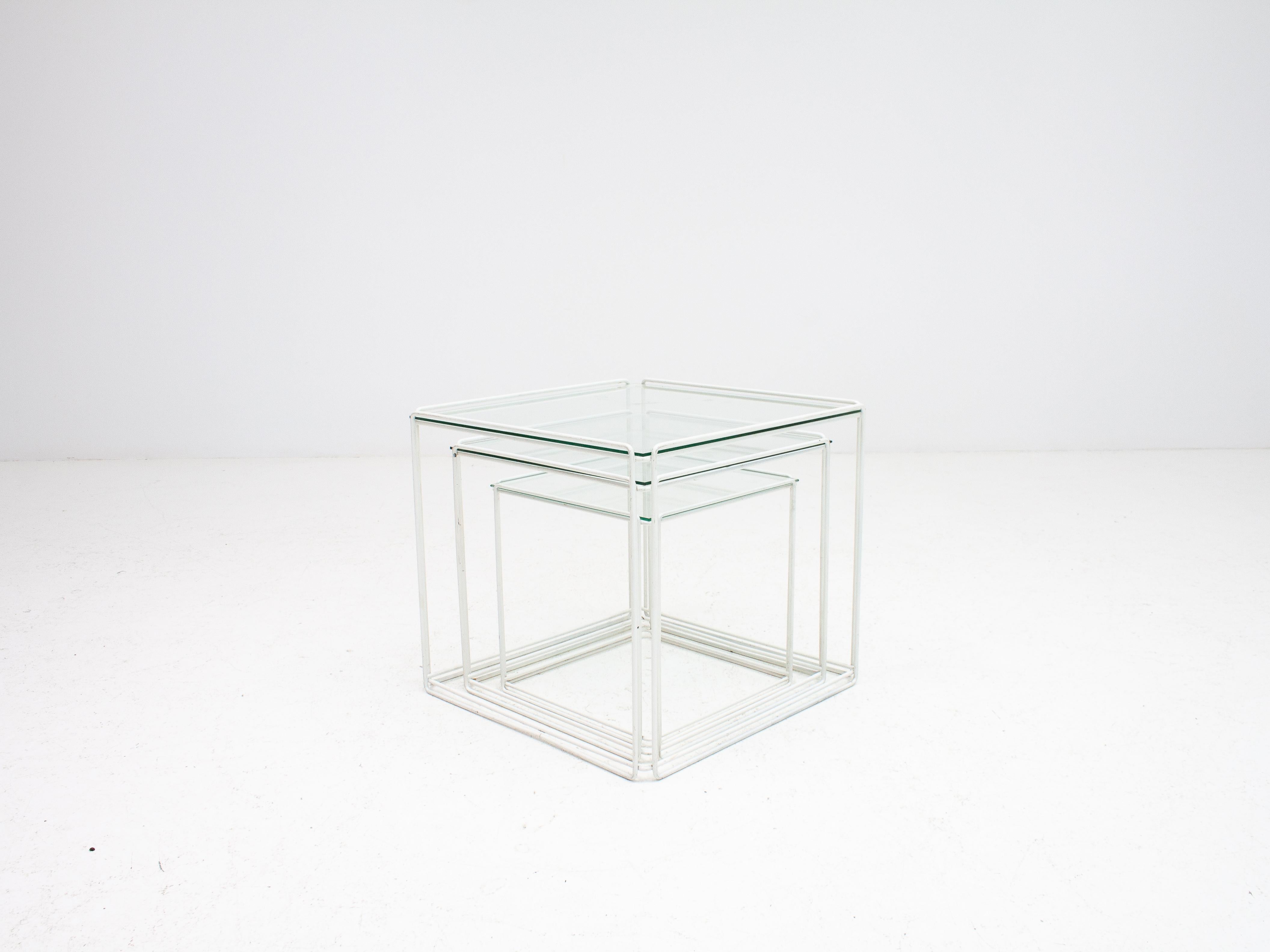 Set of White 'Isoceles' Glass Top Nesting Tables Designed by Max Sauze, 1970s In Fair Condition In London Road, Baldock, Hertfordshire