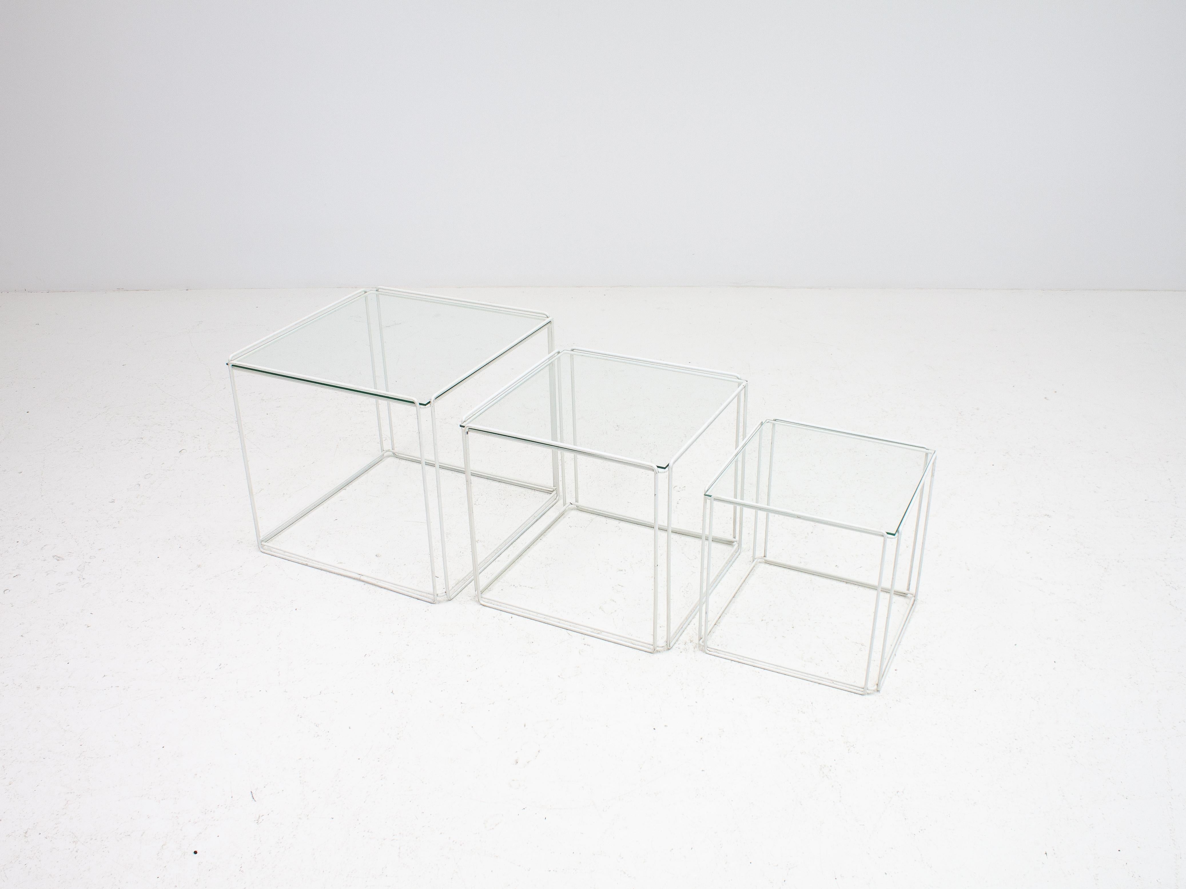 20th Century Set of White 'Isoceles' Glass Top Nesting Tables Designed by Max Sauze, 1970s
