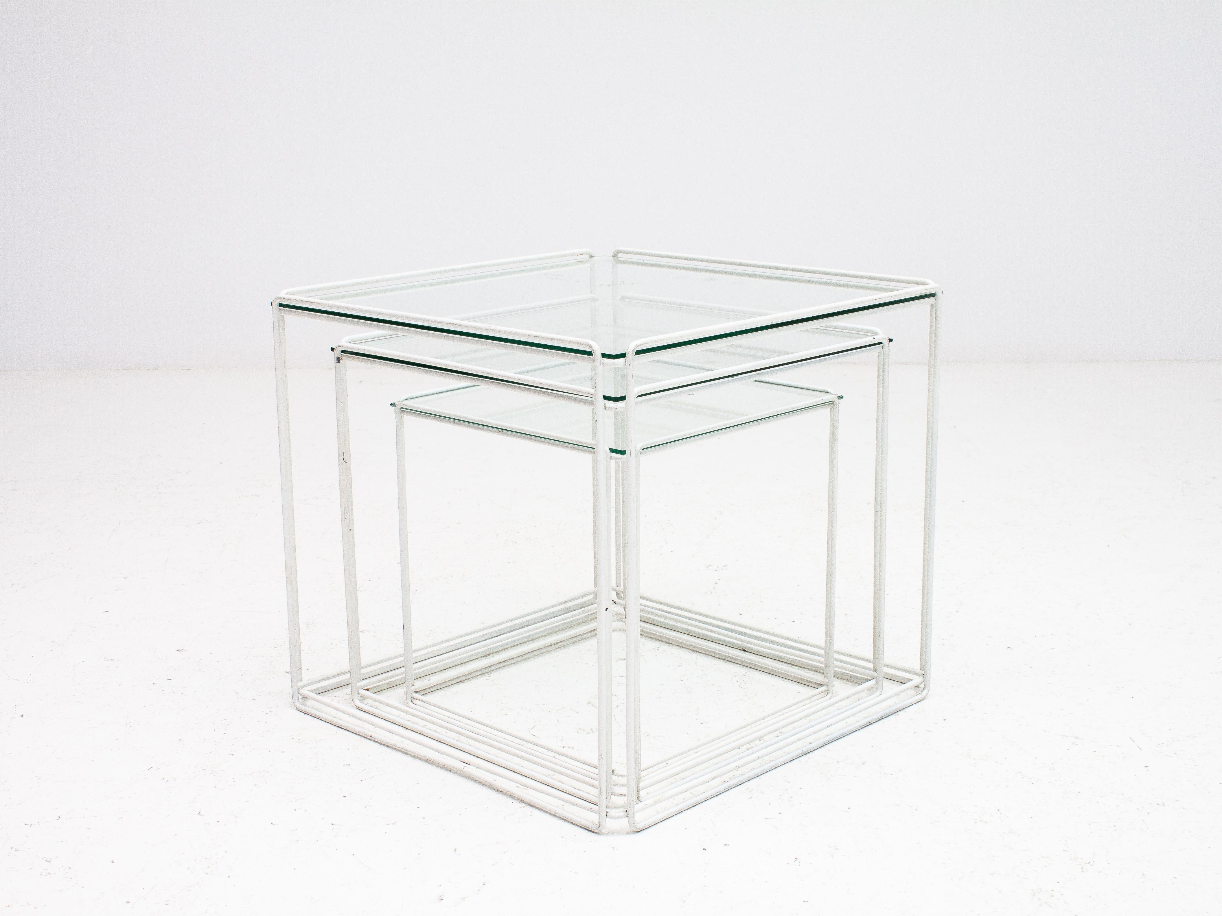 Set of White 'Isoceles' Glass Top Nesting Tables Designed by Max Sauze, 1970s 2
