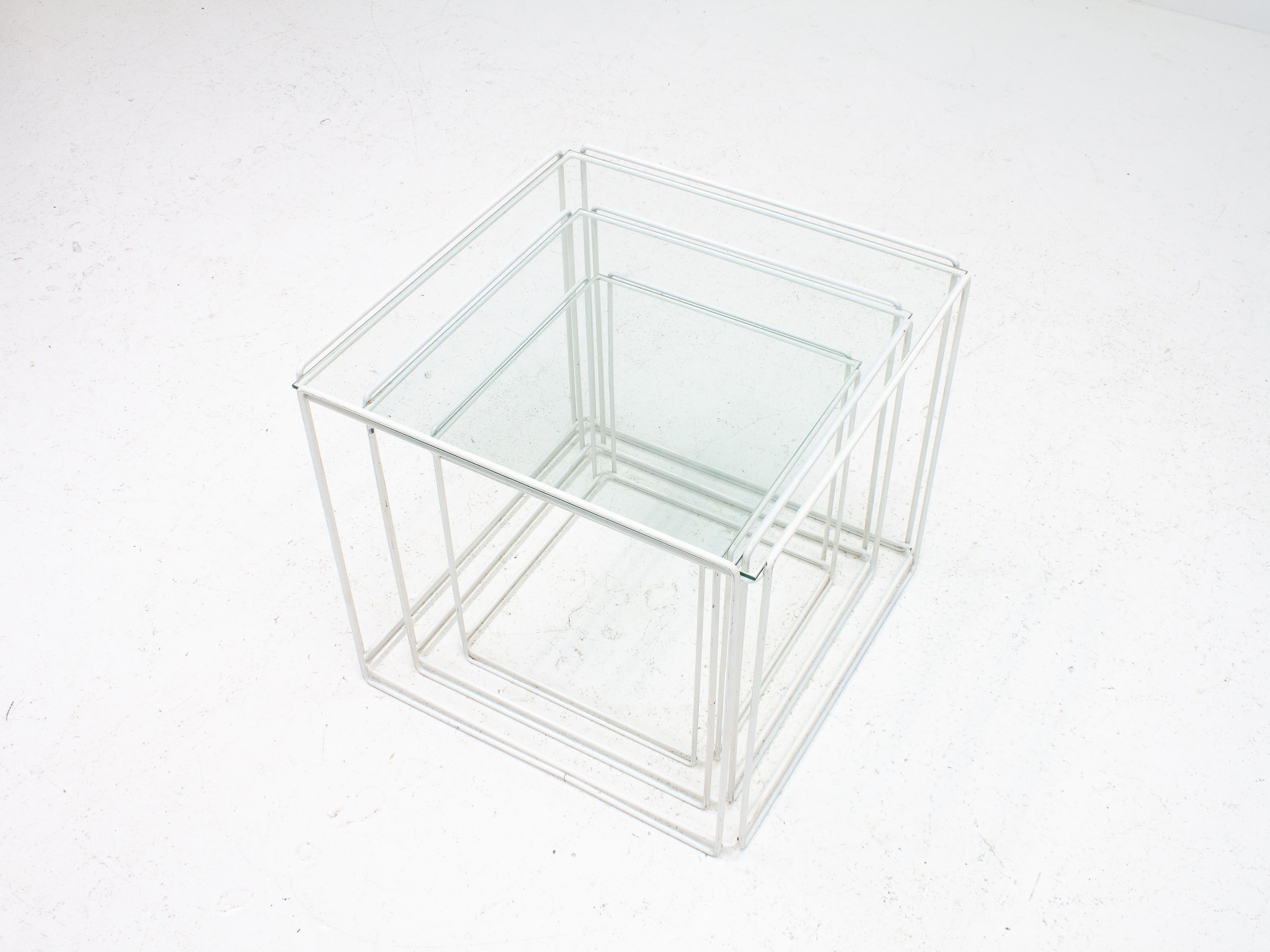 Set of White 'Isoceles' Glass Top Nesting Tables Designed by Max Sauze, 1970s 3