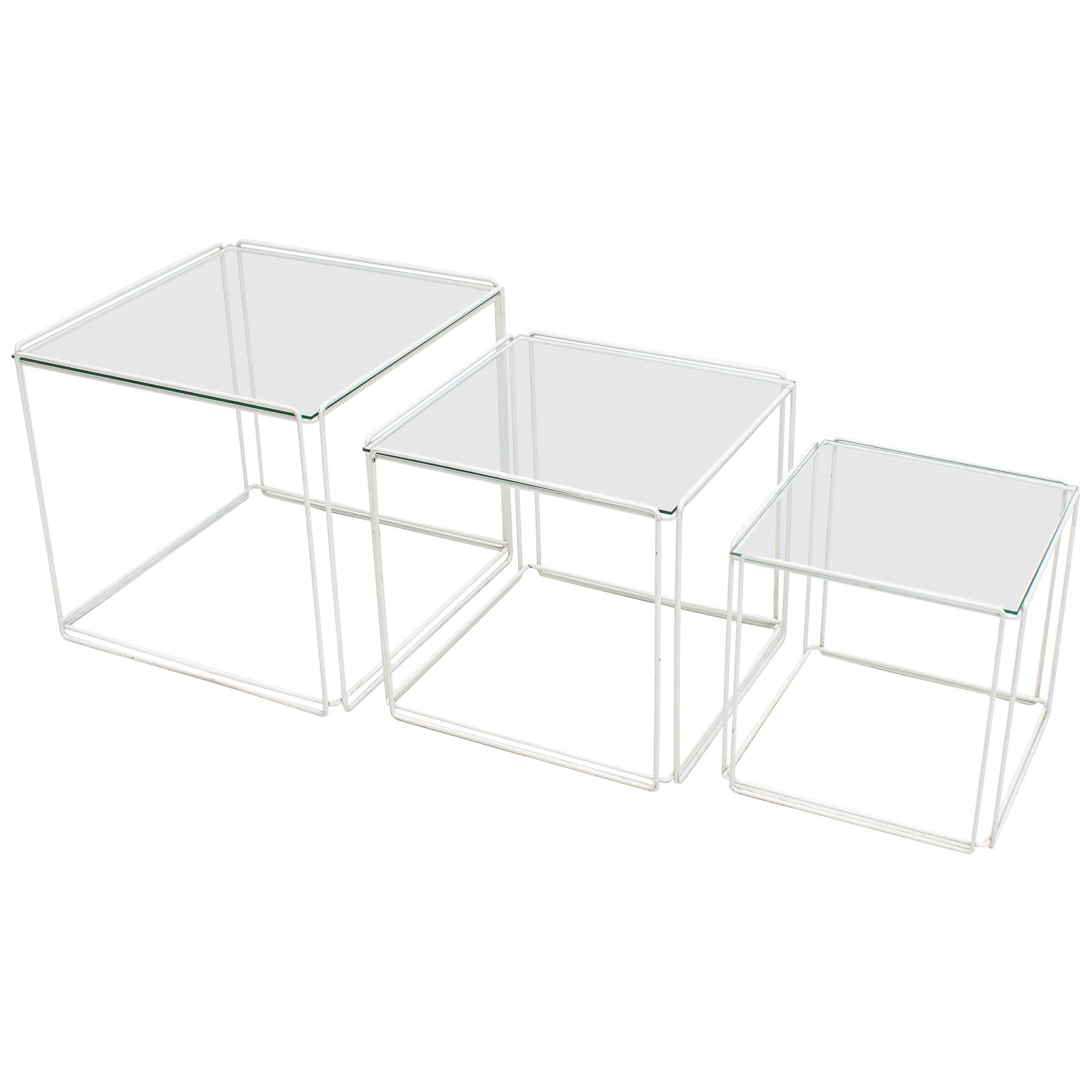 Set of White 'Isoceles' Glass Top Nesting Tables Designed by Max Sauze, 1970s
