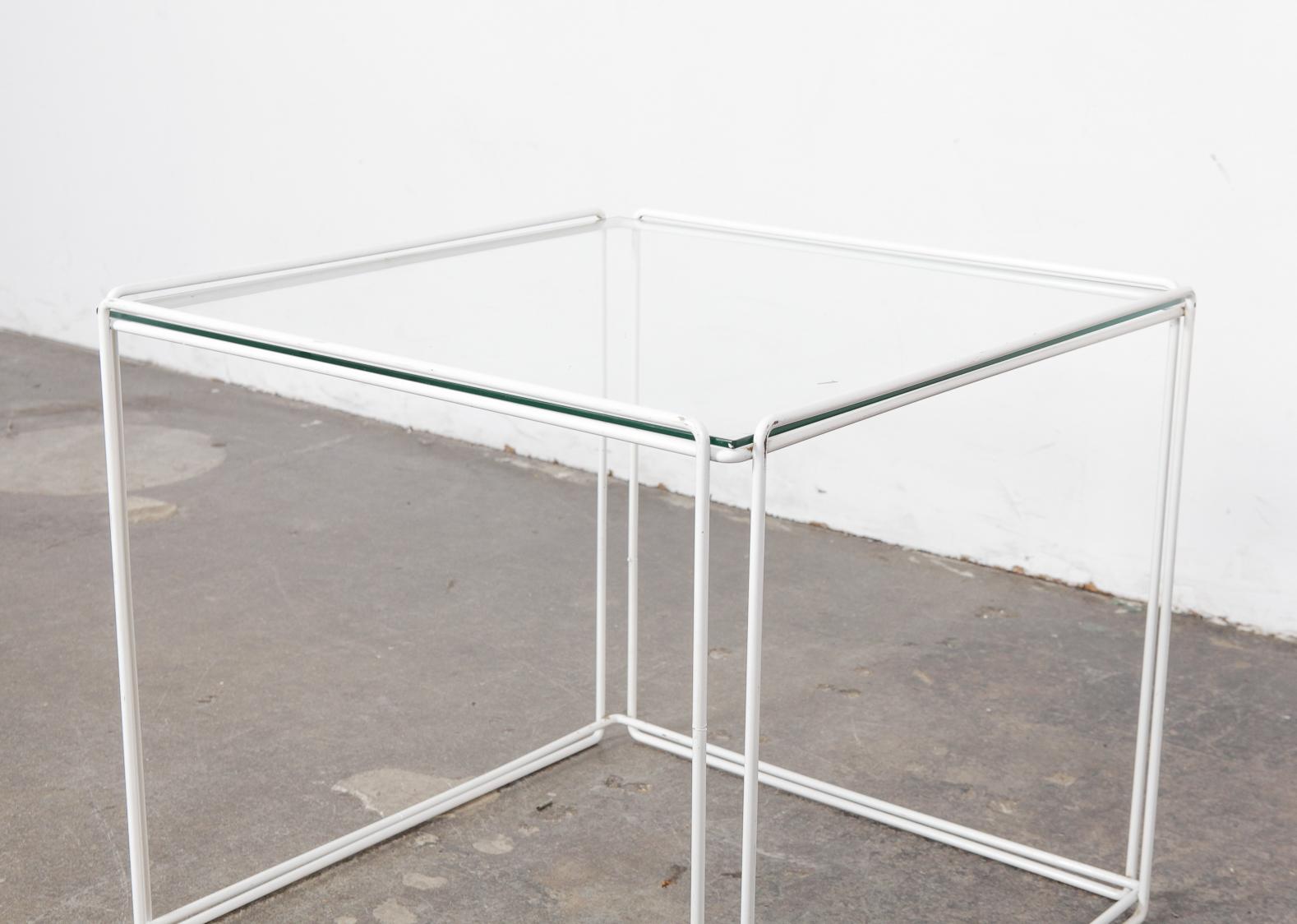 Set of White Metal 'Isoceles' Glass Top Nesting Tables Designed by Max Sauze For Sale 7