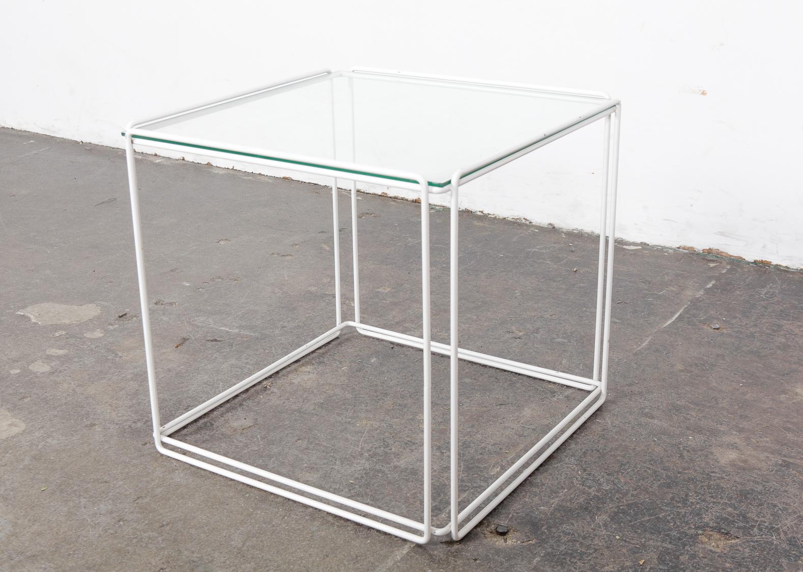 Set of White Metal 'Isoceles' Glass Top Nesting Tables Designed by Max Sauze For Sale 10