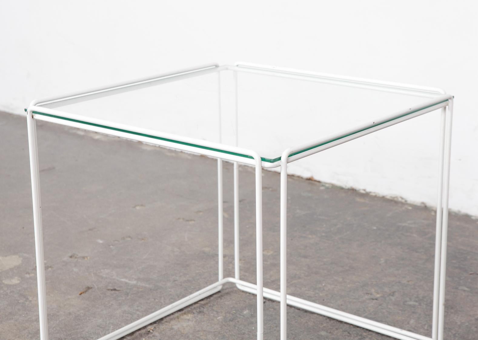 Set of White Metal 'Isoceles' Glass Top Nesting Tables Designed by Max Sauze For Sale 11