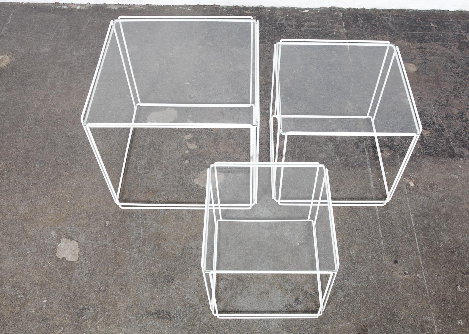 Set of White Metal 'Isoceles' Glass Top Nesting Tables Designed by Max Sauze For Sale 13