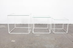 Set of White Metal 'Isoceles' Glass Top Nesting Tables Designed by Max Sauze