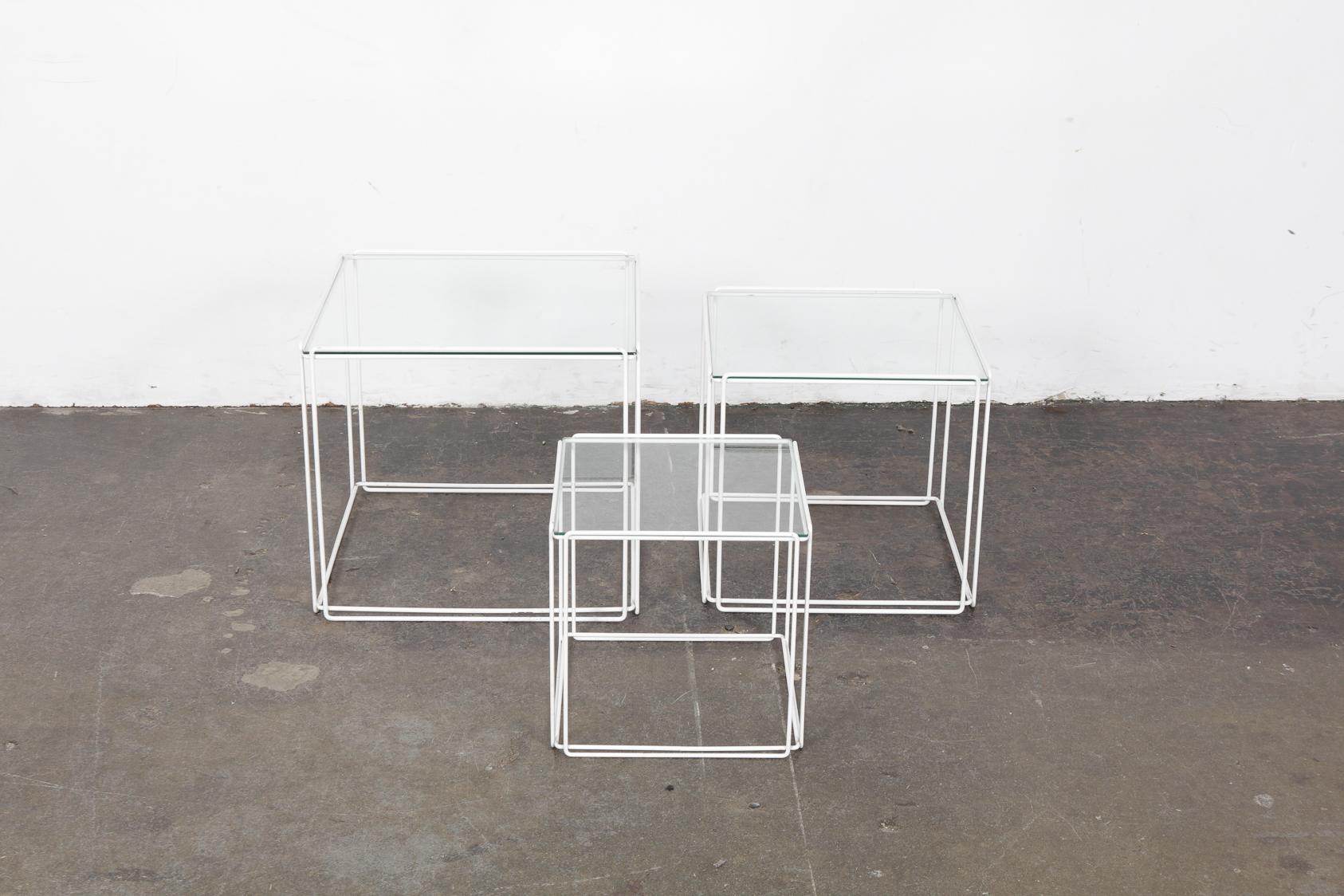 Mid-Century Modern Set of White Metal 'Isoceles' Glass Top Nesting Tables Designed by Max Sauze For Sale
