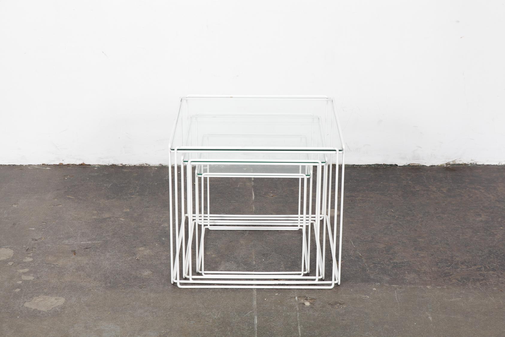 French Set of White Metal 'Isoceles' Glass Top Nesting Tables Designed by Max Sauze For Sale