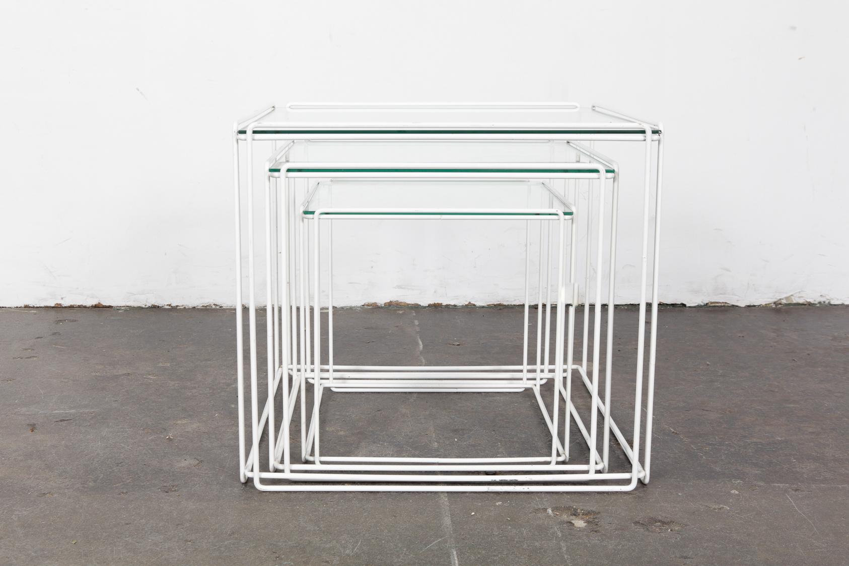 Set of White Metal 'Isoceles' Glass Top Nesting Tables Designed by Max Sauze In Good Condition For Sale In North Hollywood, CA