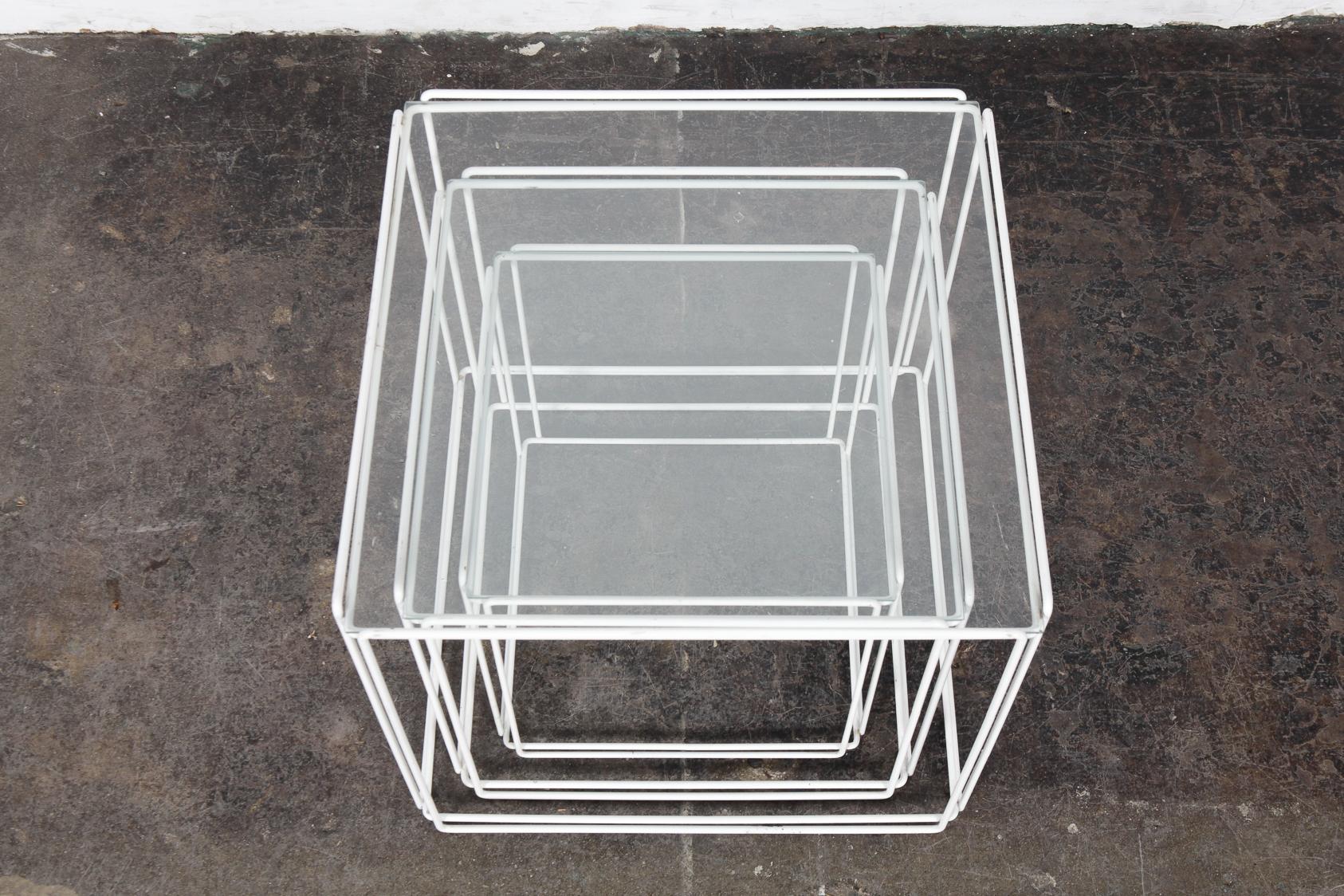 Late 20th Century Set of White Metal 'Isoceles' Glass Top Nesting Tables Designed by Max Sauze For Sale