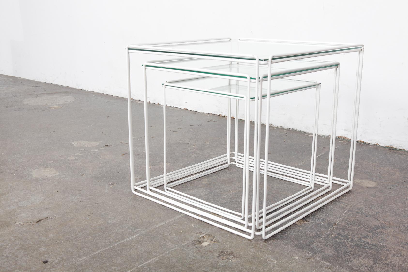 Set of White Metal 'Isoceles' Glass Top Nesting Tables Designed by Max Sauze For Sale 1
