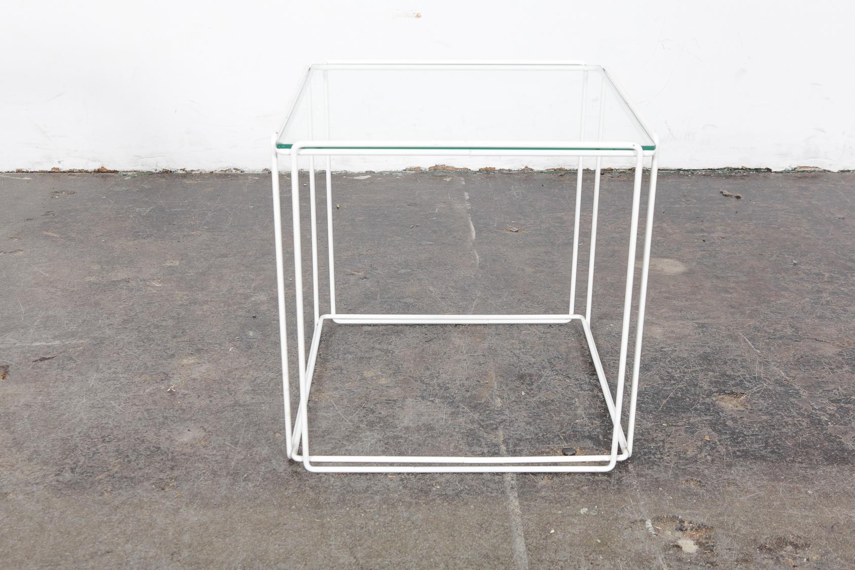 Set of White Metal 'Isoceles' Glass Top Nesting Tables Designed by Max Sauze For Sale 2