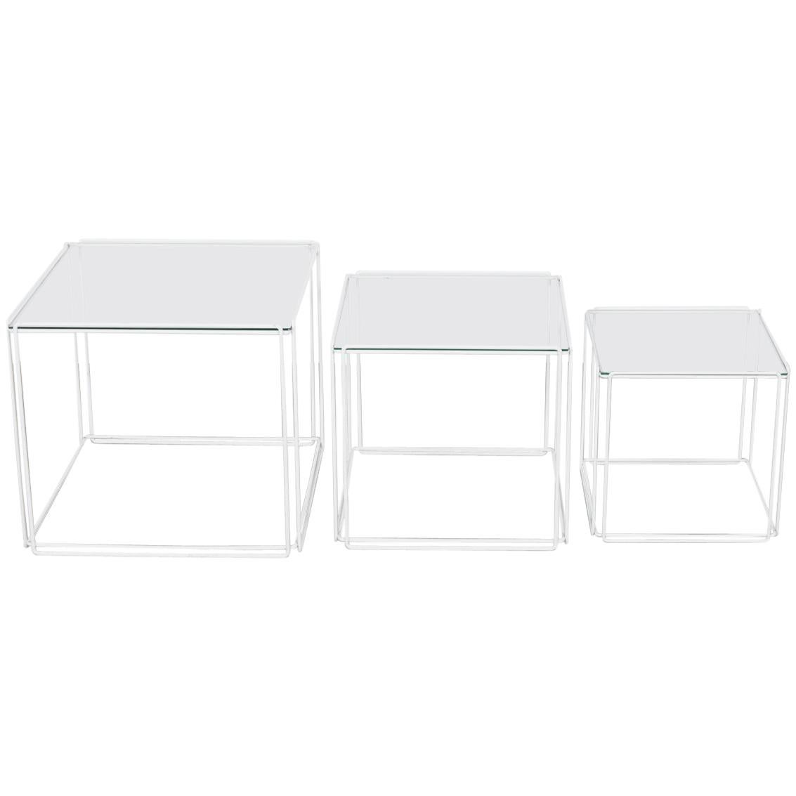 Set of White Metal 'Isoceles' Glass Top Nesting Tables Designed by Max Sauze For Sale