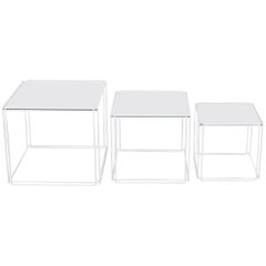 Set of White Metal 'Isoceles' Glass Top Nesting Tables Designed by Max Sauze