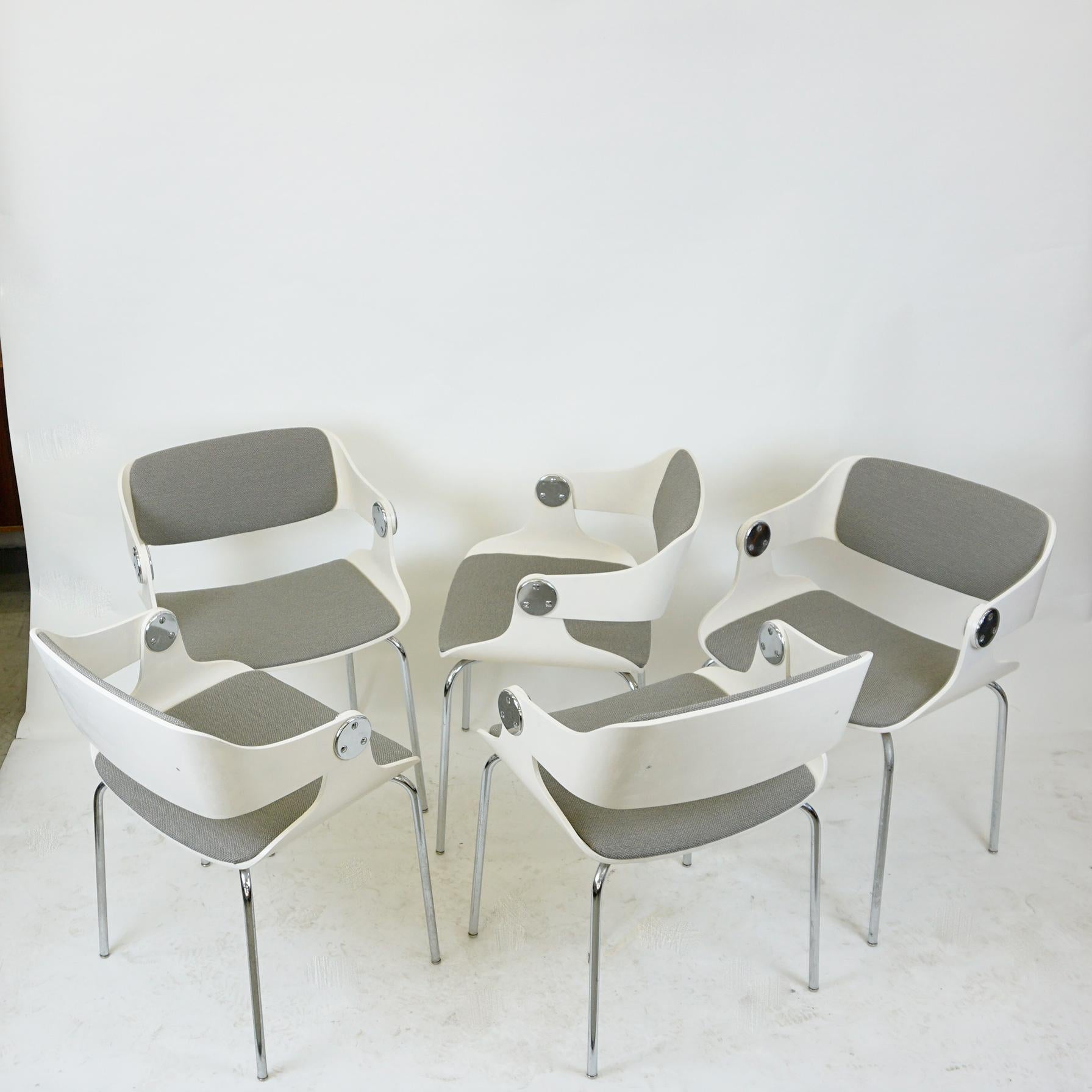 Lacquered White Space Age Plywood and Grey Fabric Chair by Eugen Schmidt, Germany For Sale