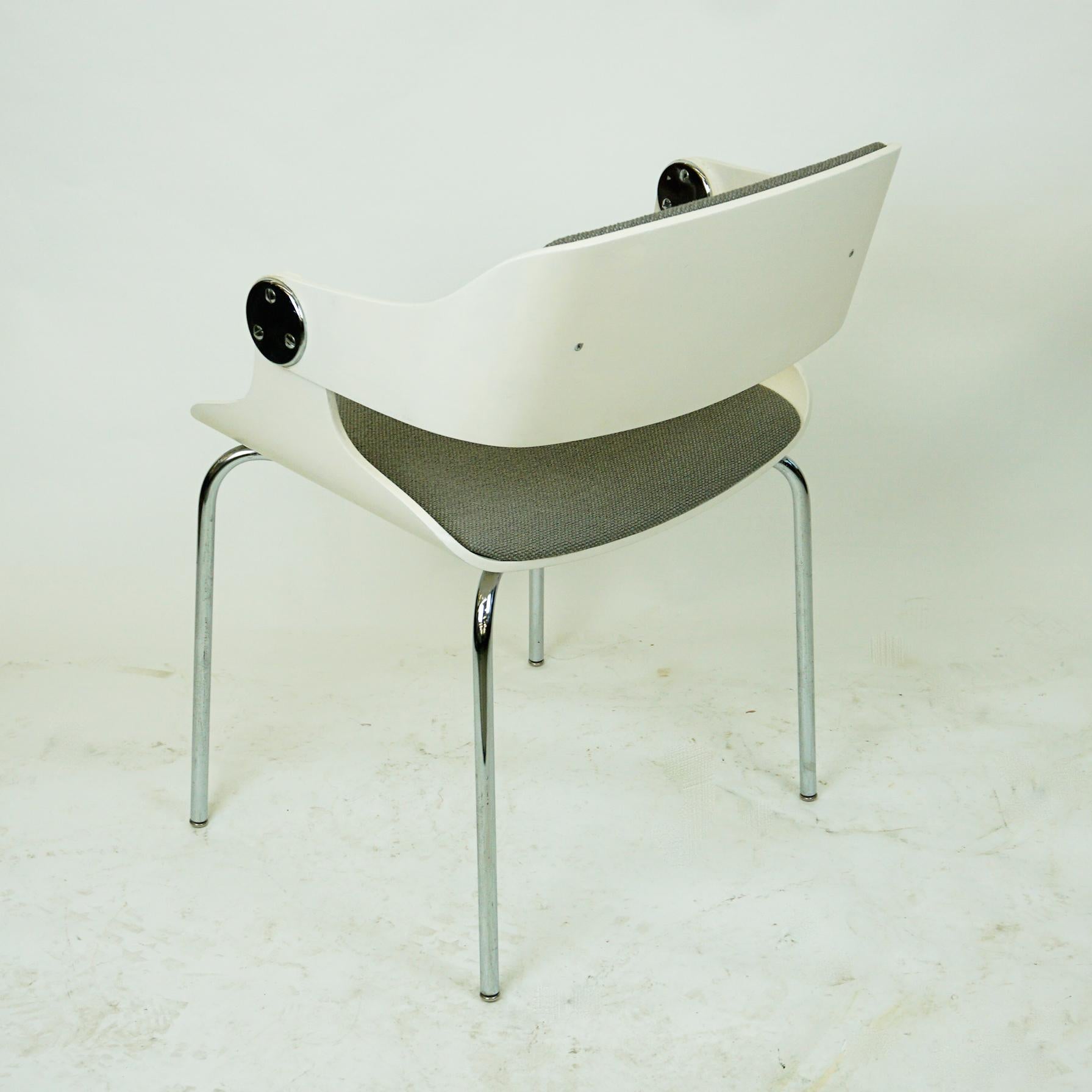 Mid-20th Century White Space Age Plywood and Grey Fabric Chair by Eugen Schmidt, Germany For Sale