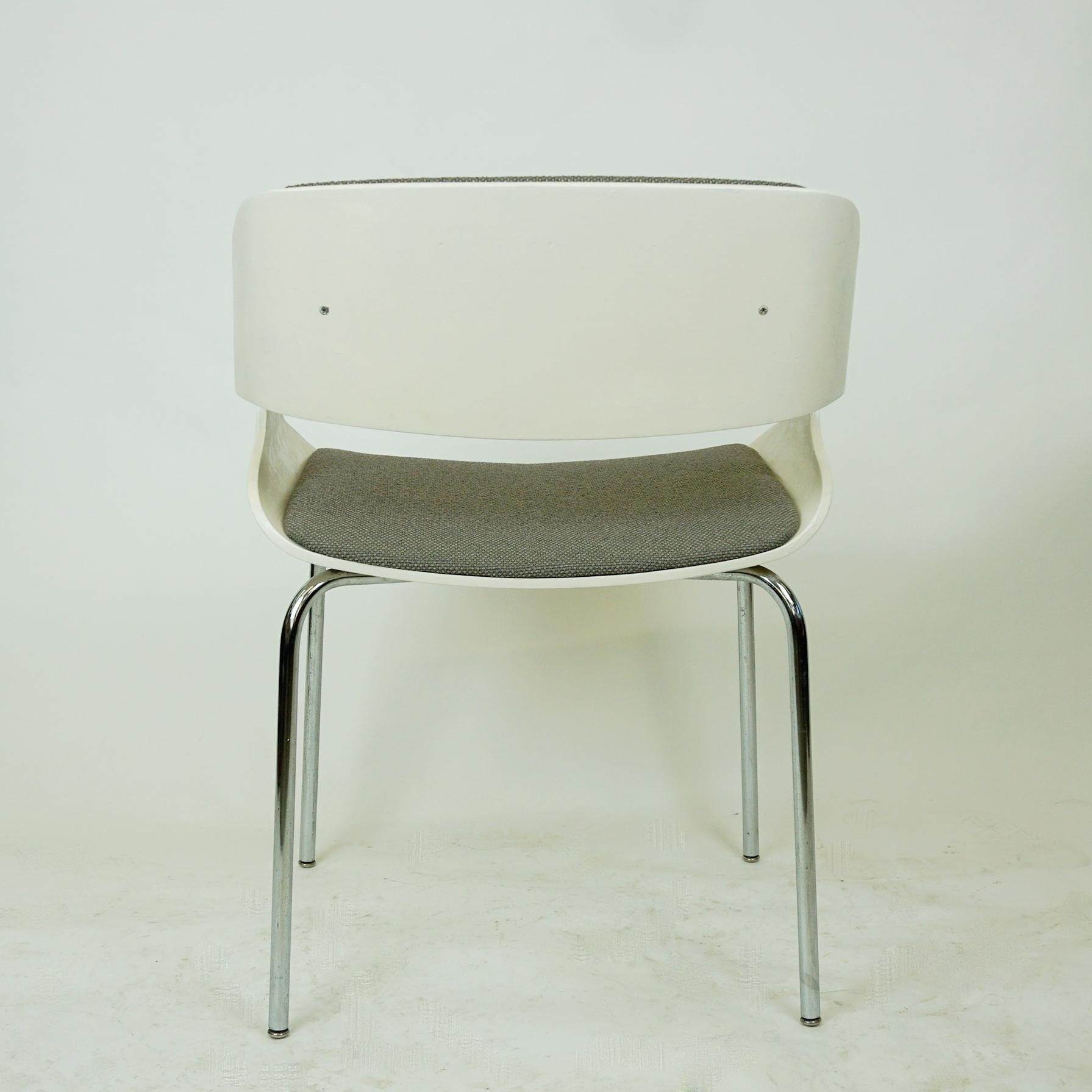 Metal White Space Age Plywood and Grey Fabric Chair by Eugen Schmidt, Germany