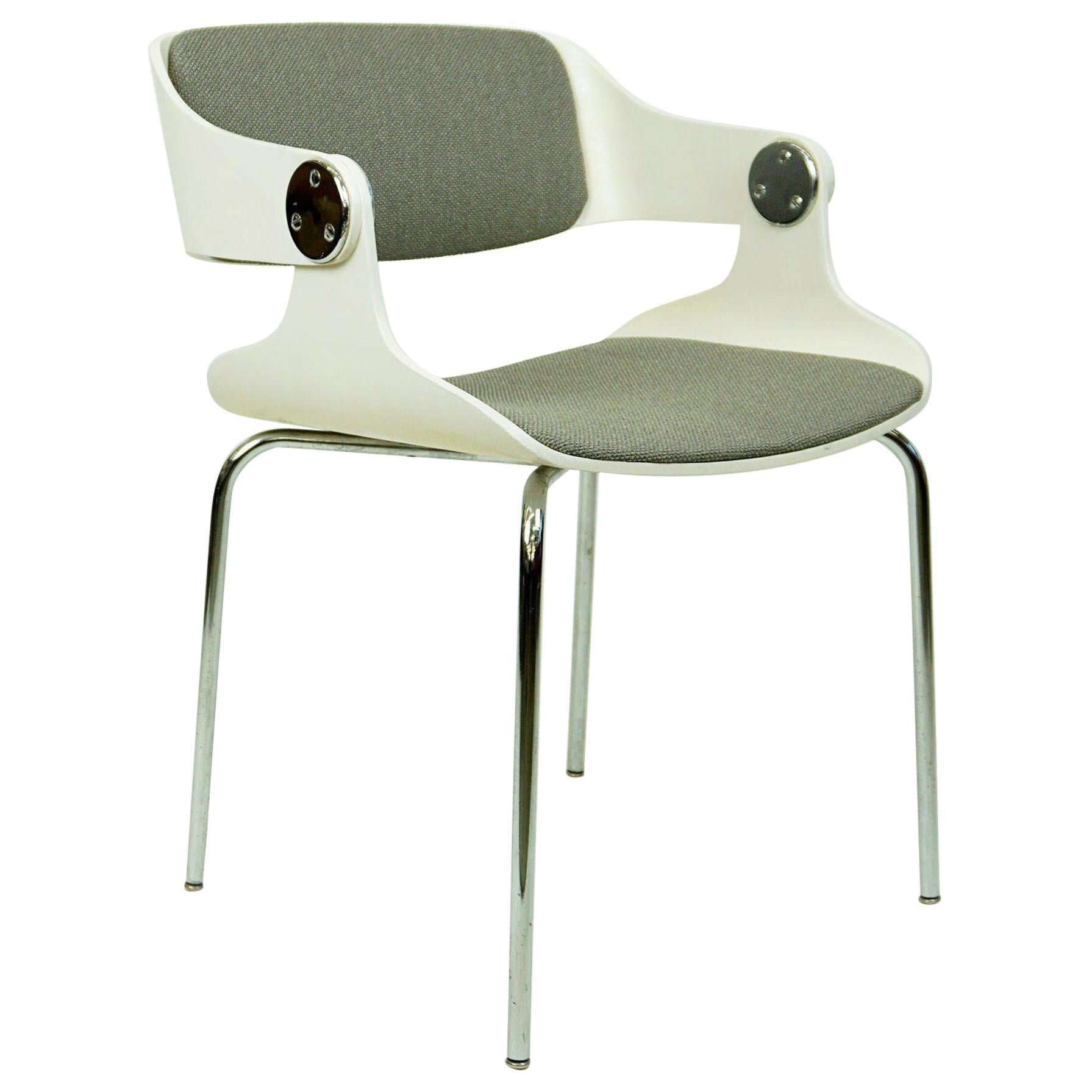 White Space Age Plywood and Grey Fabric Chair by Eugen Schmidt, Germany