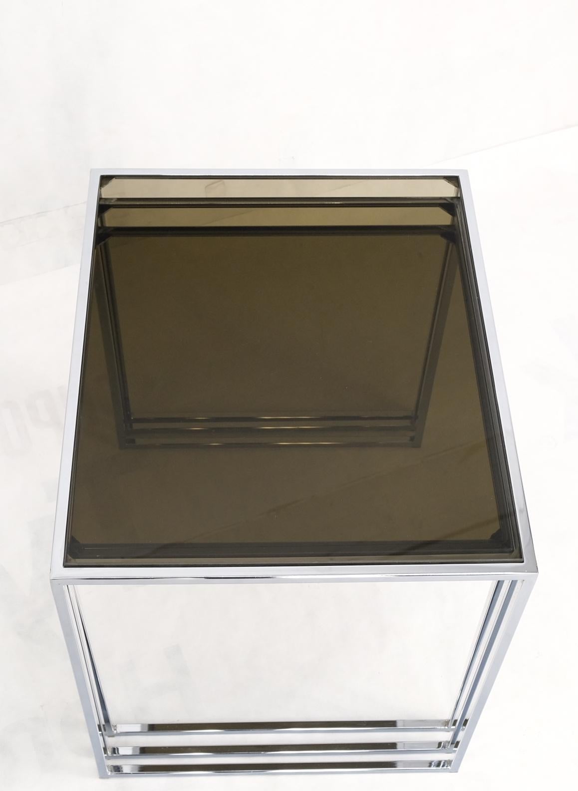 Set of Wide Rectangle Shape Chrome & Smoked Glass Nesting End Side Tables For Sale 8