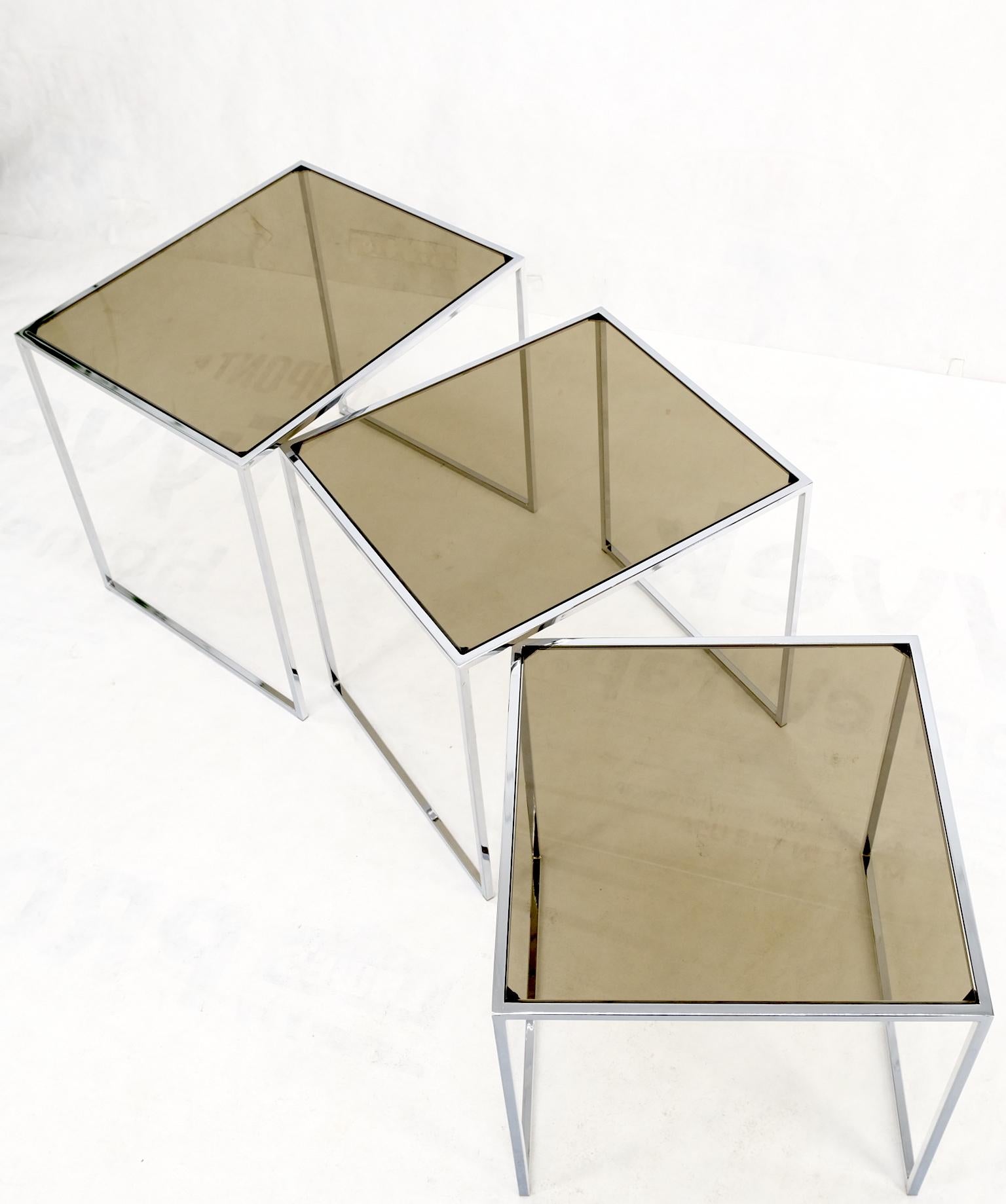 American Set of Wide Rectangle Shape Chrome & Smoked Glass Nesting End Side Tables For Sale