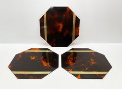 Set of Willy Rizzo Tortoiseshell Plexiglass and Brass Italian Placemats, 1970s