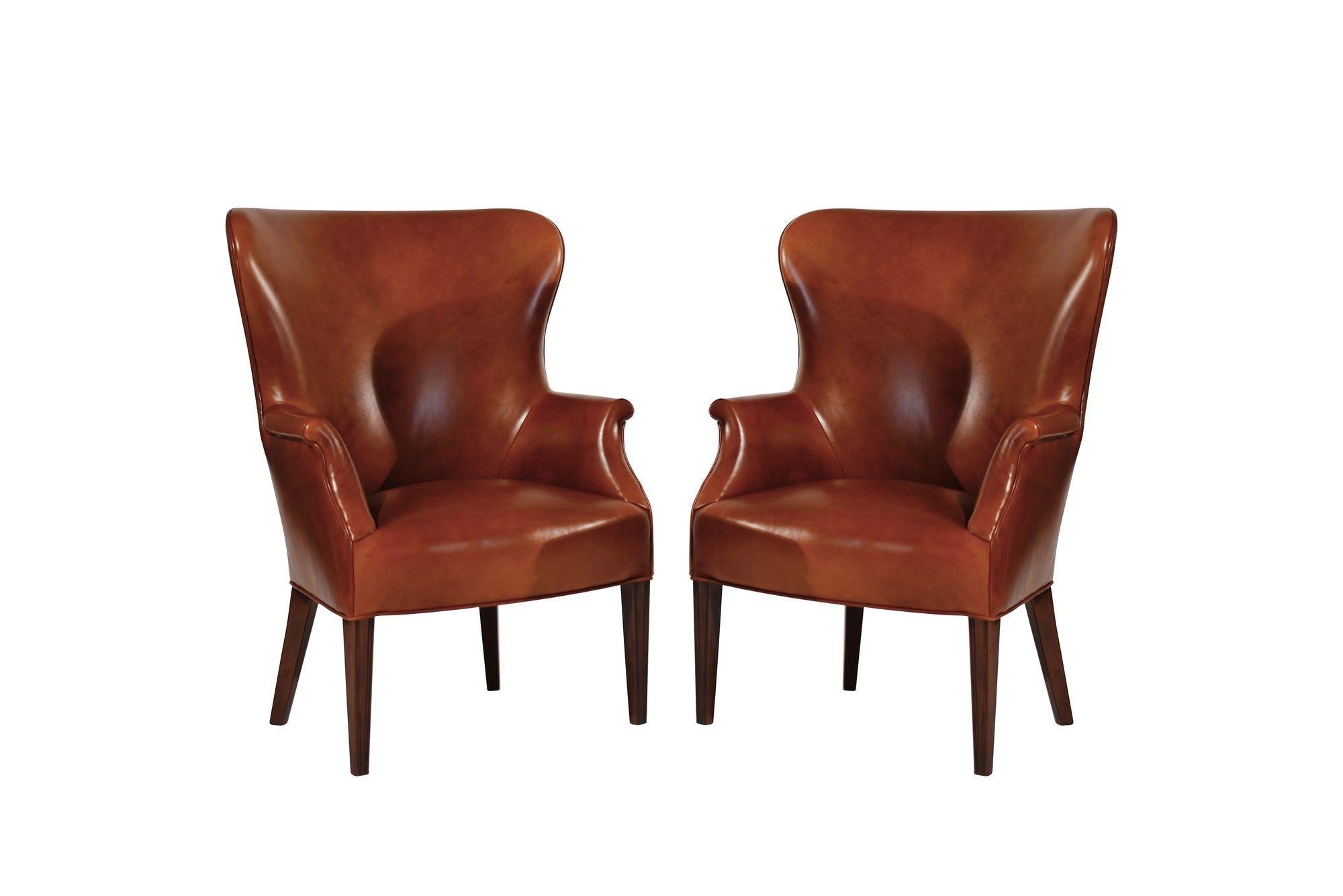 Set di poltrone Wingback in pelle cognac, C.C. anni '50 in vendita 7