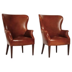 Set of Wingback Club Chairs in Cognac Leather, C. 1950s