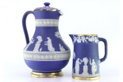 Set of wine jug & mug in relief porcelain w/ Roman figures & silver applications
