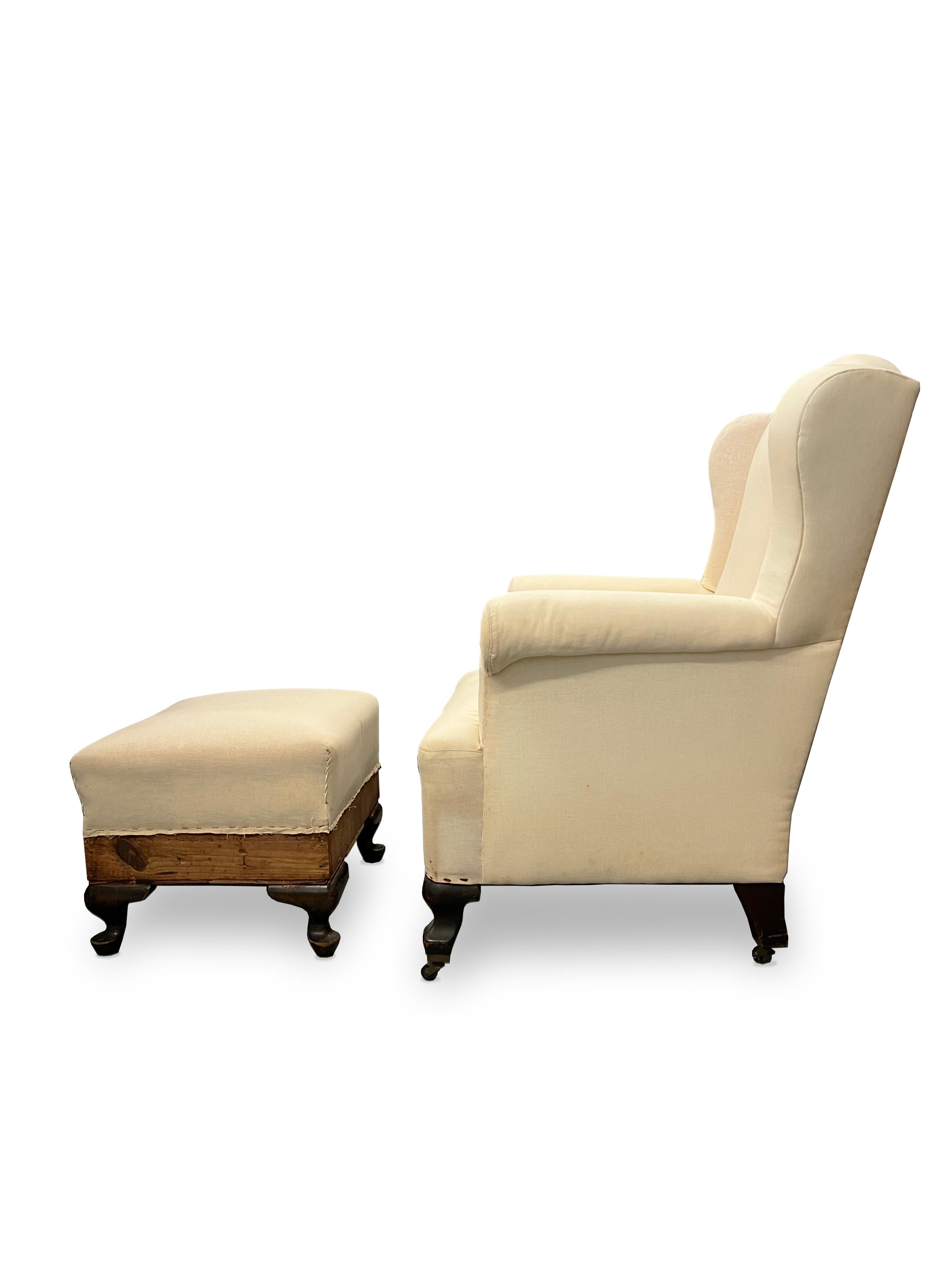 Set of Wingback Armchair with Ottoman Upholstered in White Fabric In Good Condition In New York, NY
