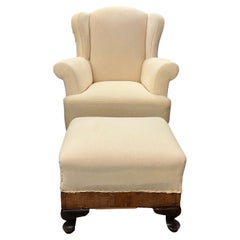 Set of Wingback Armchair with Ottoman Upholstered in White Fabric