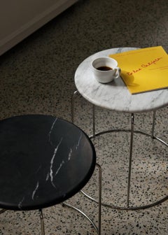 Set of Wire Stools in Mirror Polished Steel & 2 Marble Top Variants, Black/White