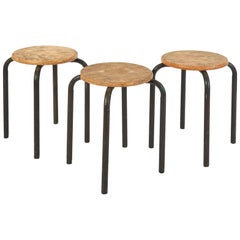 Set of Wood and Metal Painter Stools in the Style of Jean Prouvé, France 1950's
