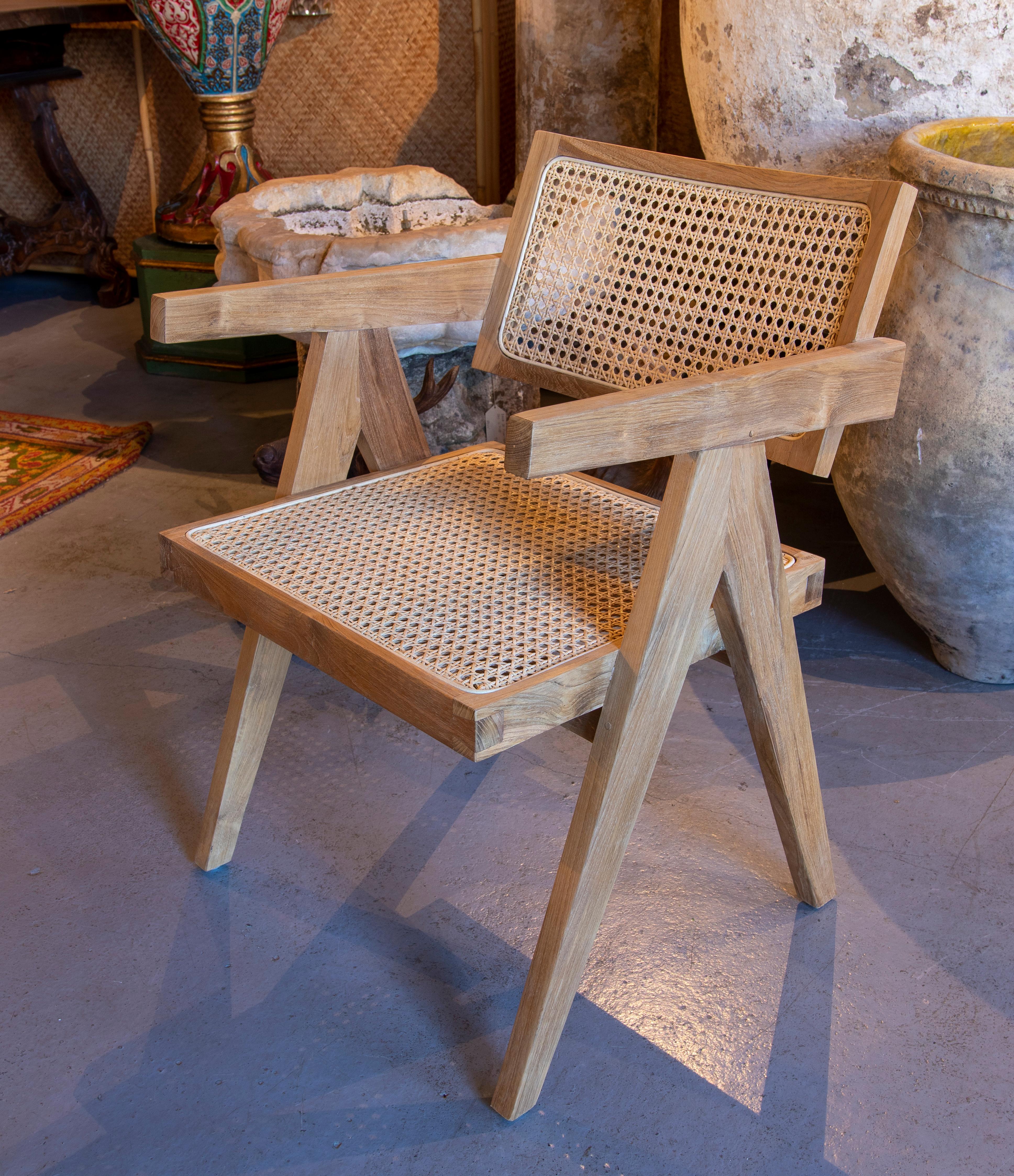 Contemporary Set of Wooden Chairs and Seat with Wicker Backrest